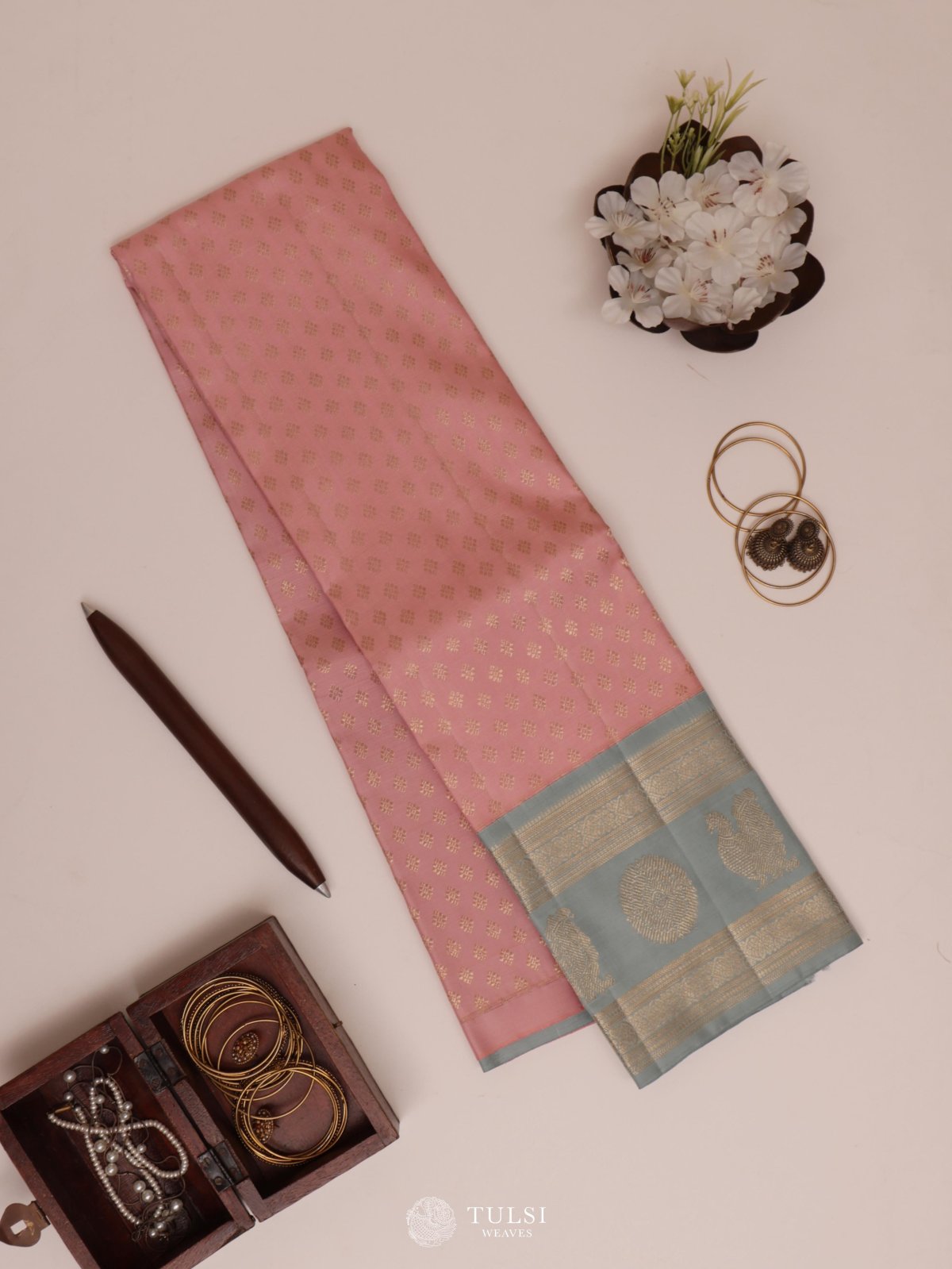 Light Pink Kanjeevaram Silk Pavadai With Light Blue Border