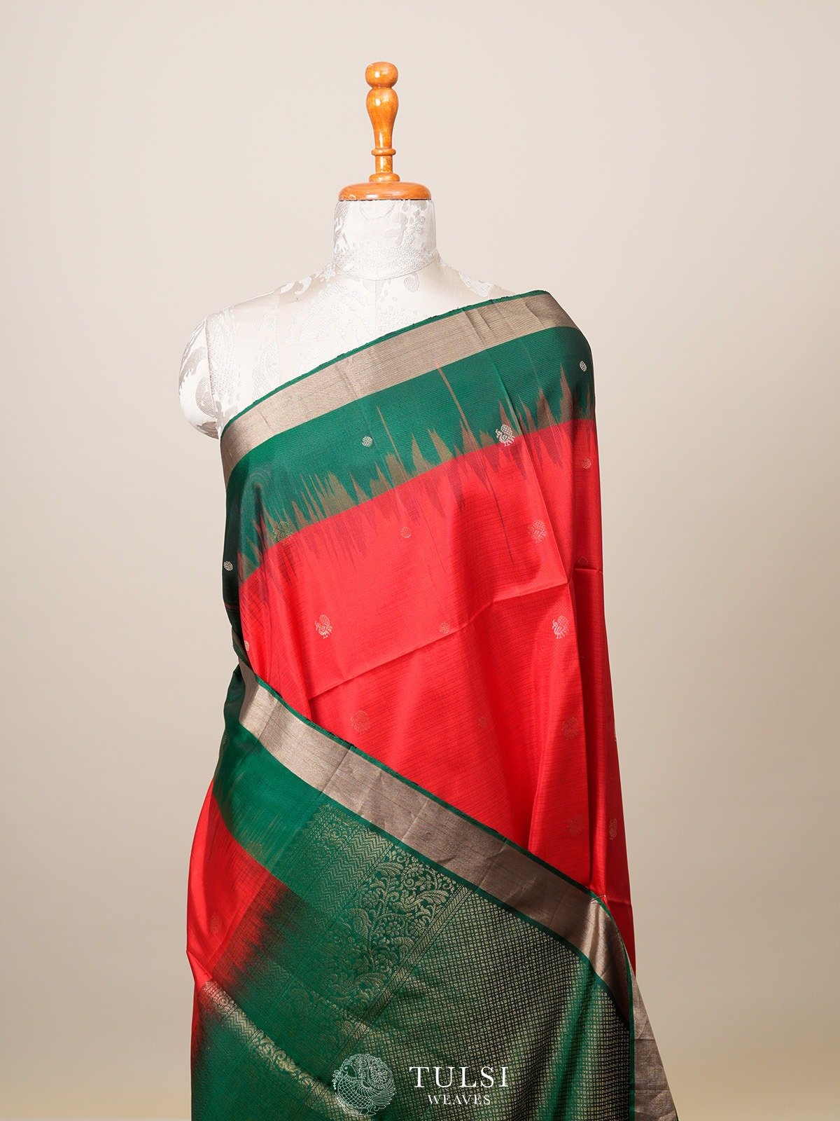 Red soft silk saree with green border