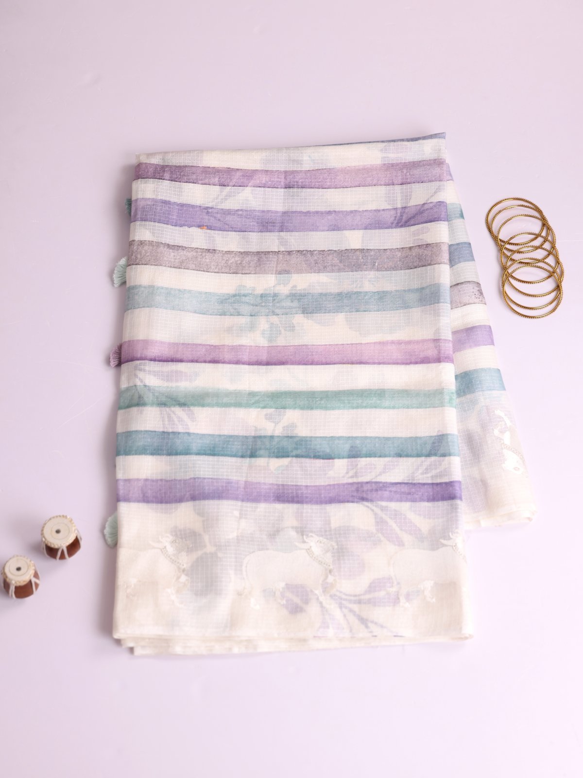 Off- White Striped Kota Silk Saree With Embroidered Border