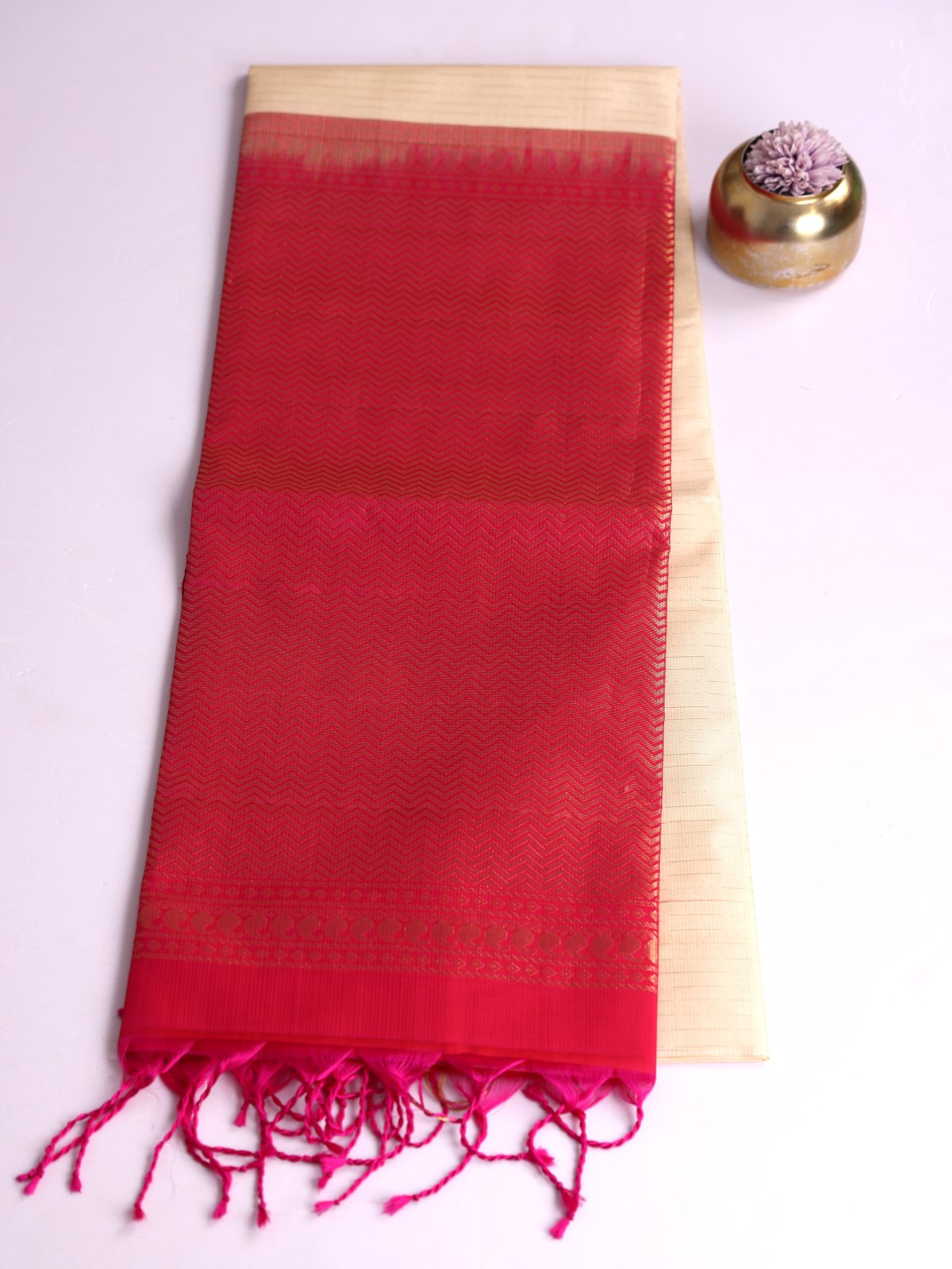 Beige Soft Silk Saree With Reddish Pink Border