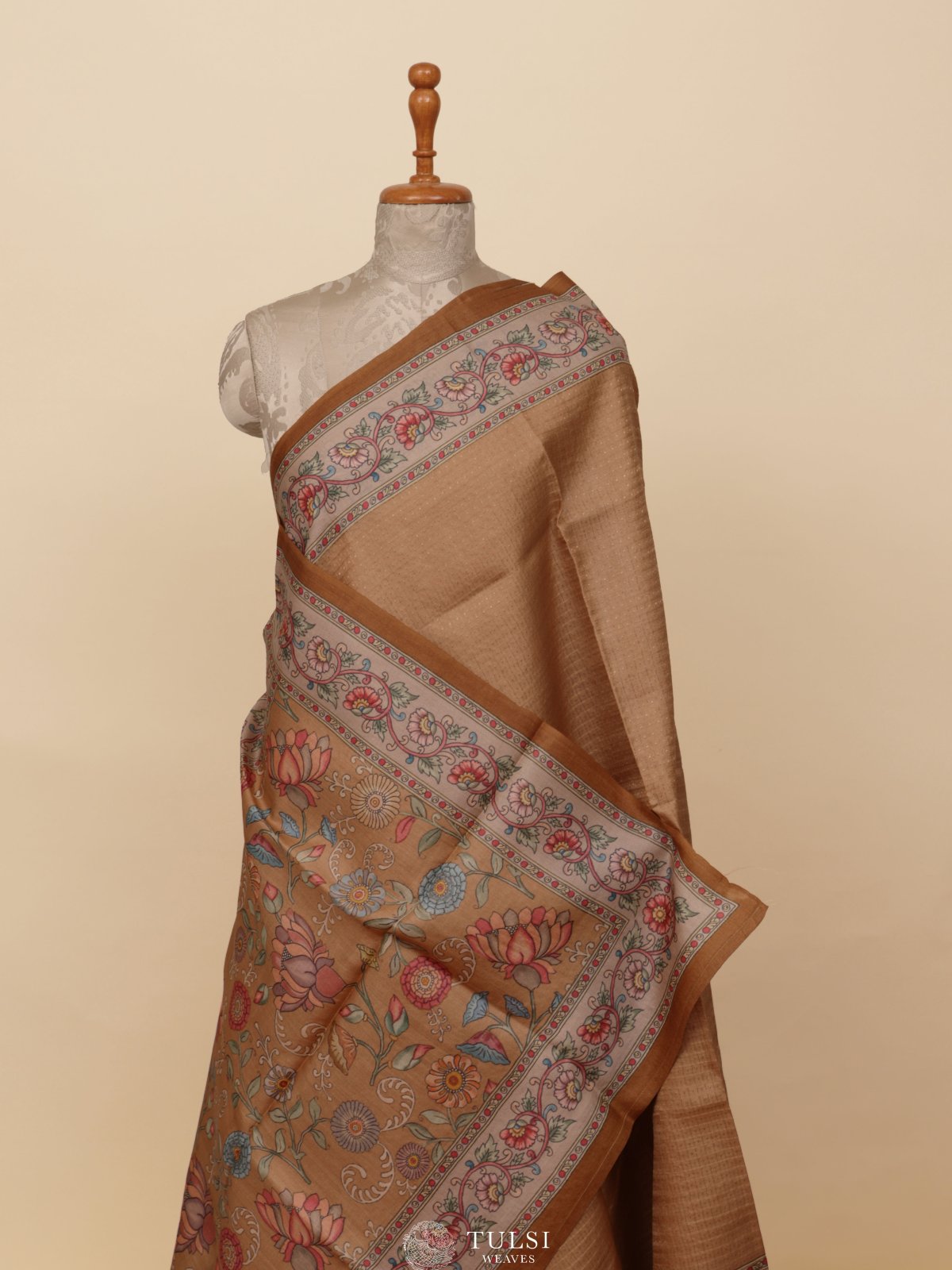 Light Brown Printed Tussar Silk Saree
