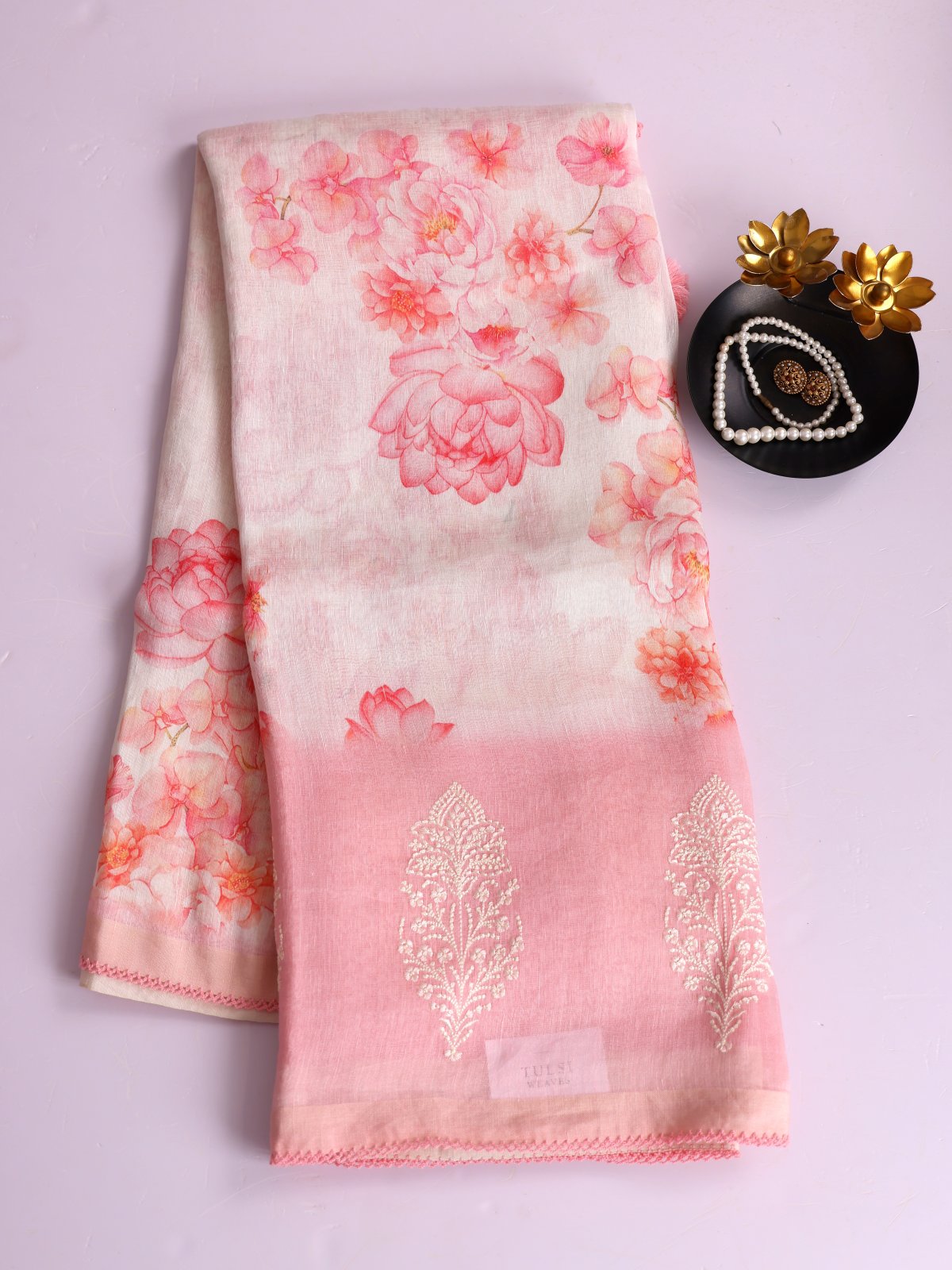Off- White Printed Linen Saree With Peachy Pink Embroidered Border