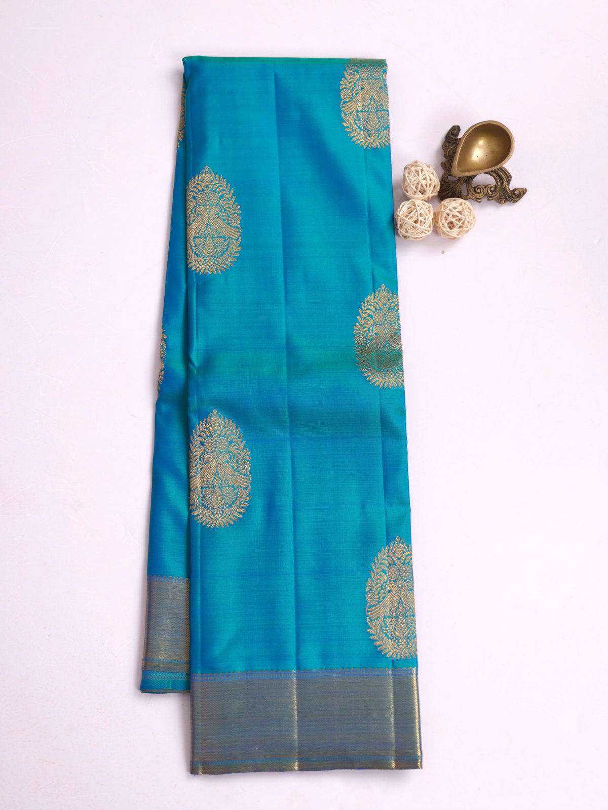 Blue Green Kanjeevaram Silk Saree With Zari Border
