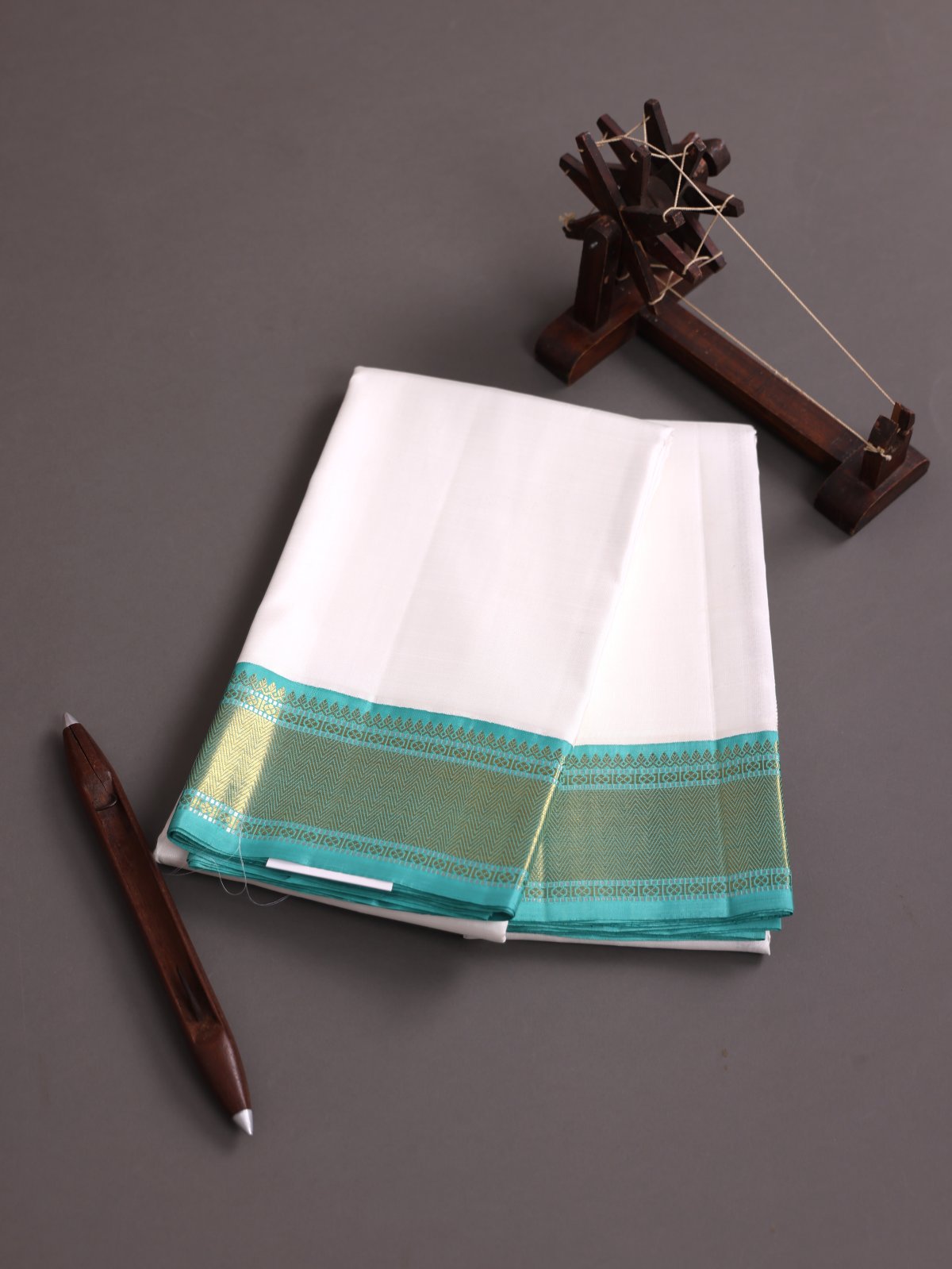 White Silk Dhoti And Vasthram With Turquoise Zari Border
