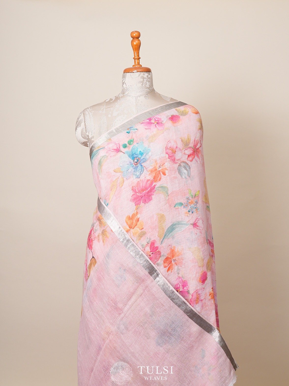 Peach Printed Linen Saree