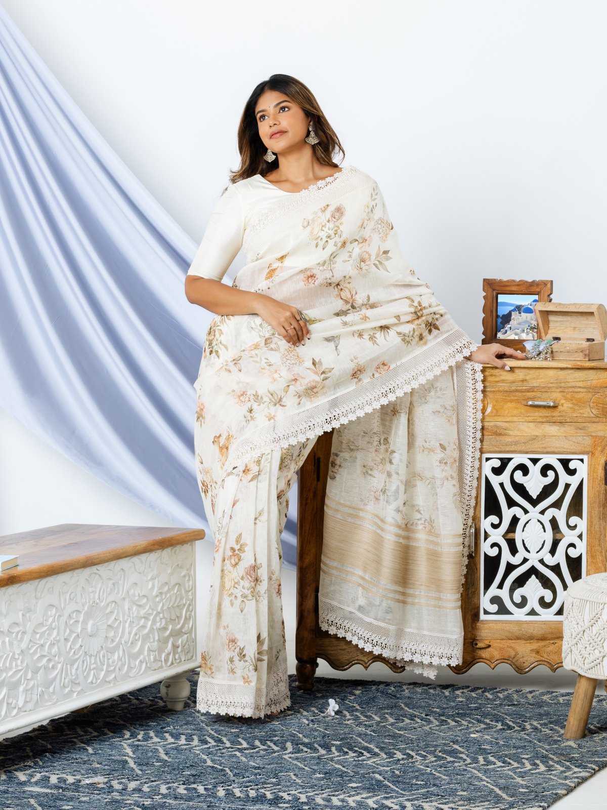 White Linen Silk Saree With Floral prints