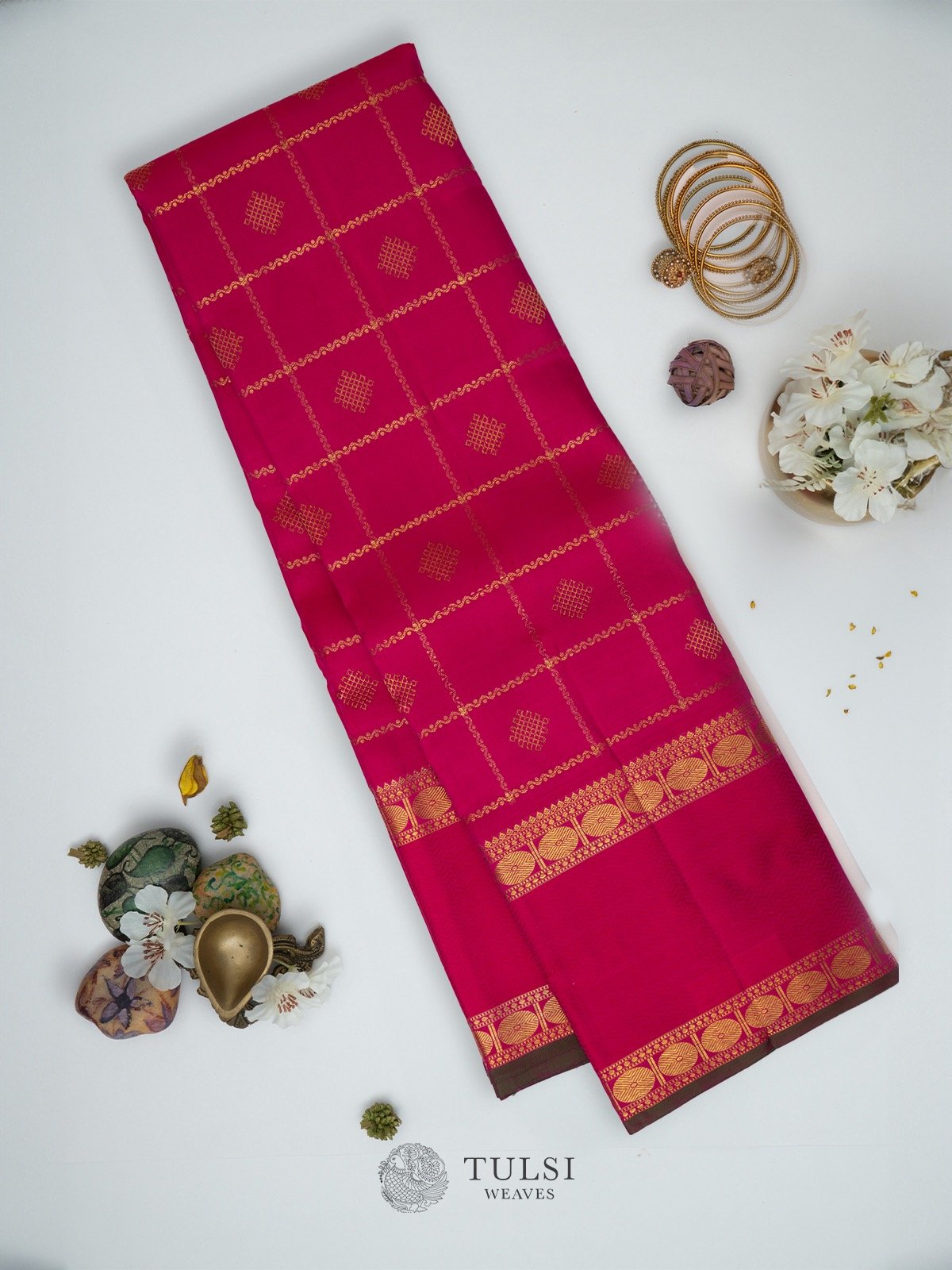 Pink Kanchipuram Silk Saree with Kolam design