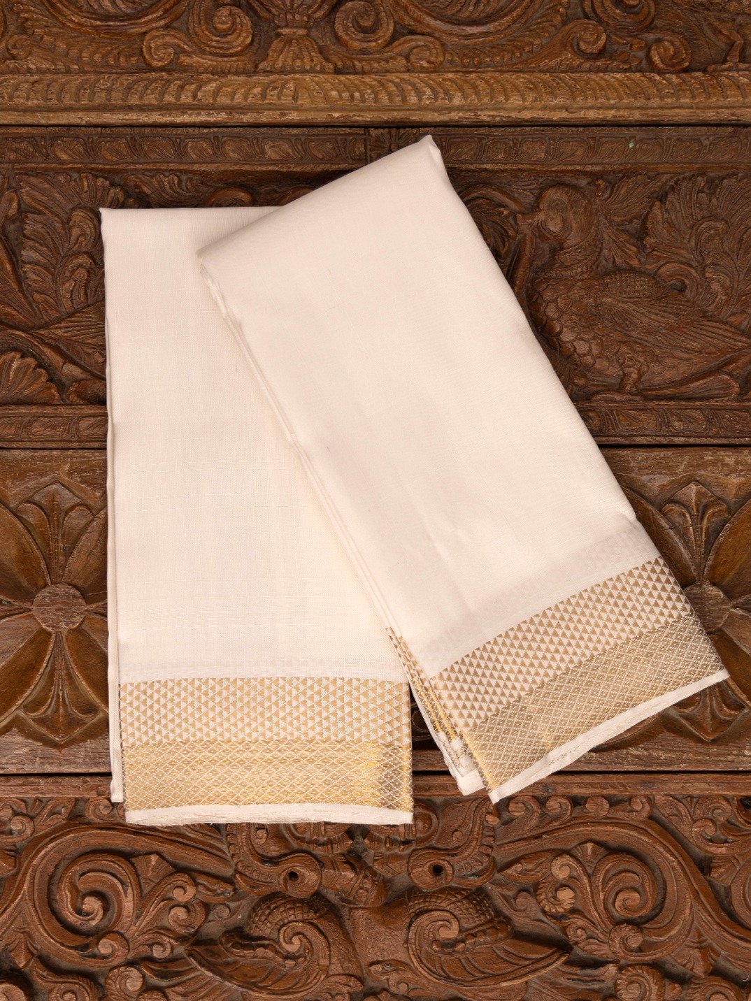 White Silk Dhoti and Vasthram With Tissue Gold Self Zari Border