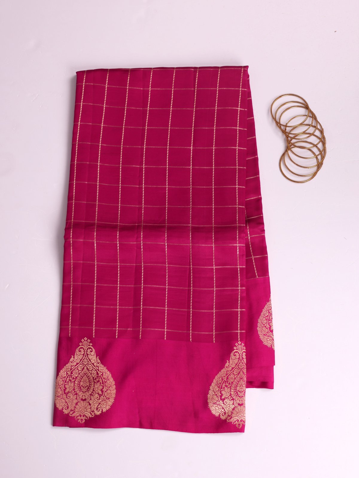 Magenta Pink Zari Checked Mashru Silk Saree With Satin Border