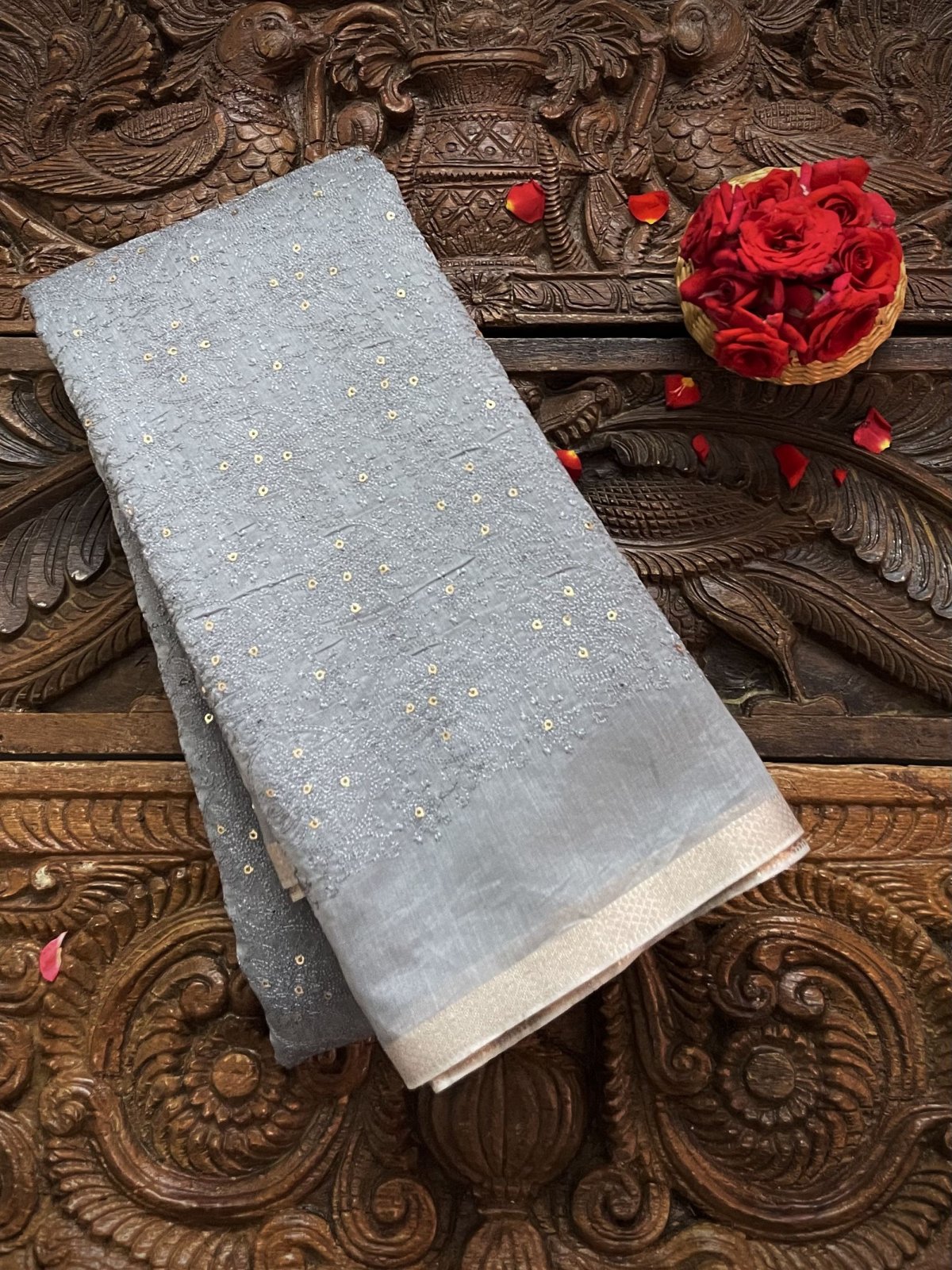 Greyish Blue Tussar Silk Floral Blouse With Floral Embroidery and Sequins 