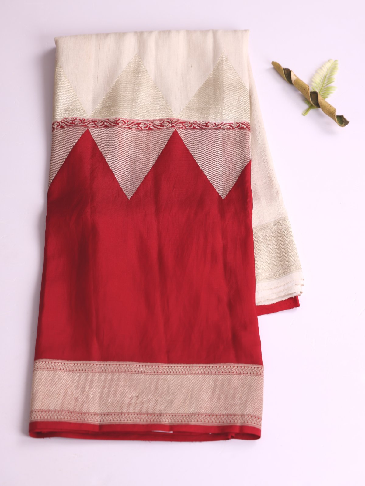 Cream & Red Half And Half Banaras Tussar Georgette Silk Saree