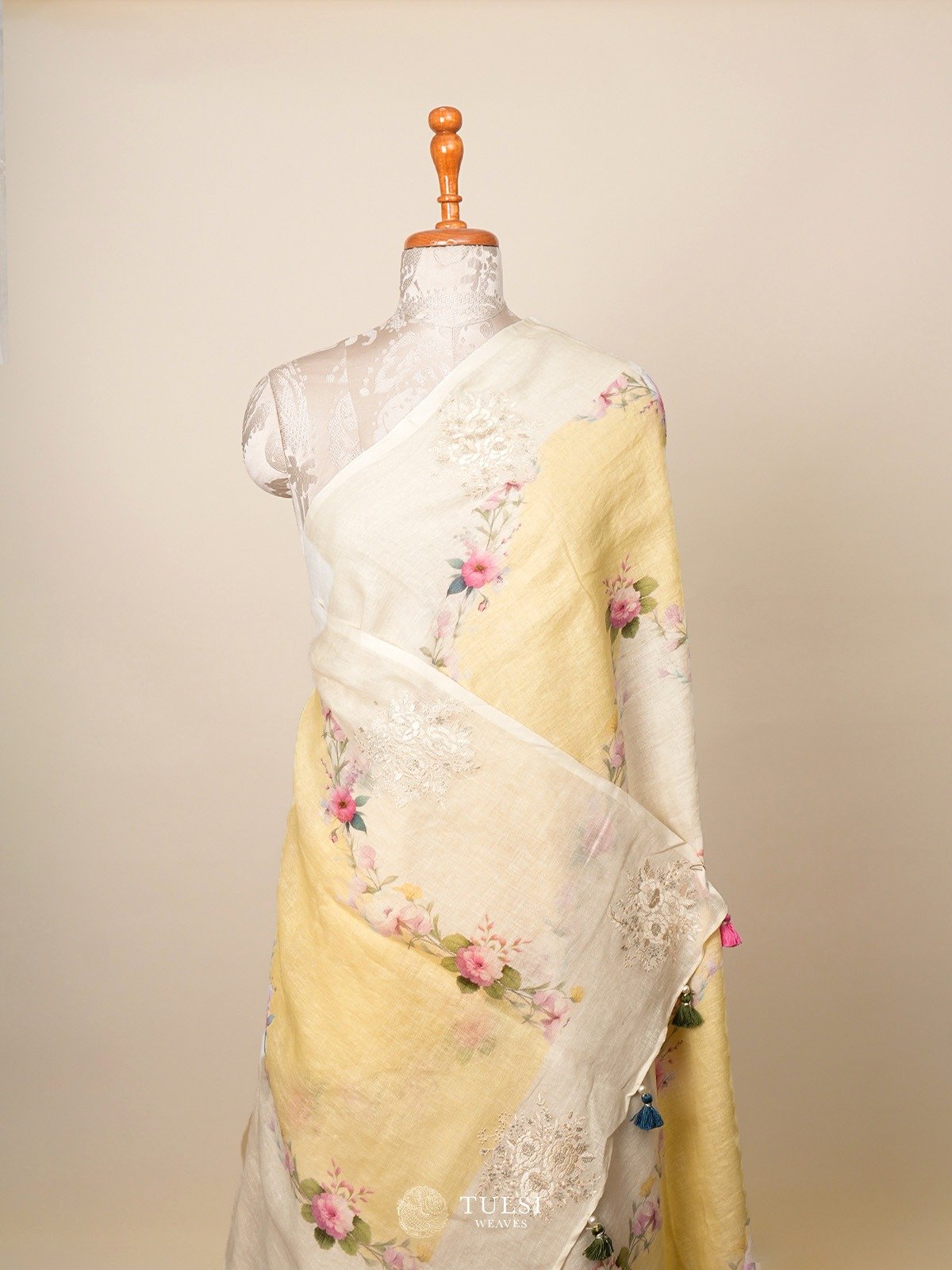 Light Yellow Printed Linen Silk Saree with Embroidery Border