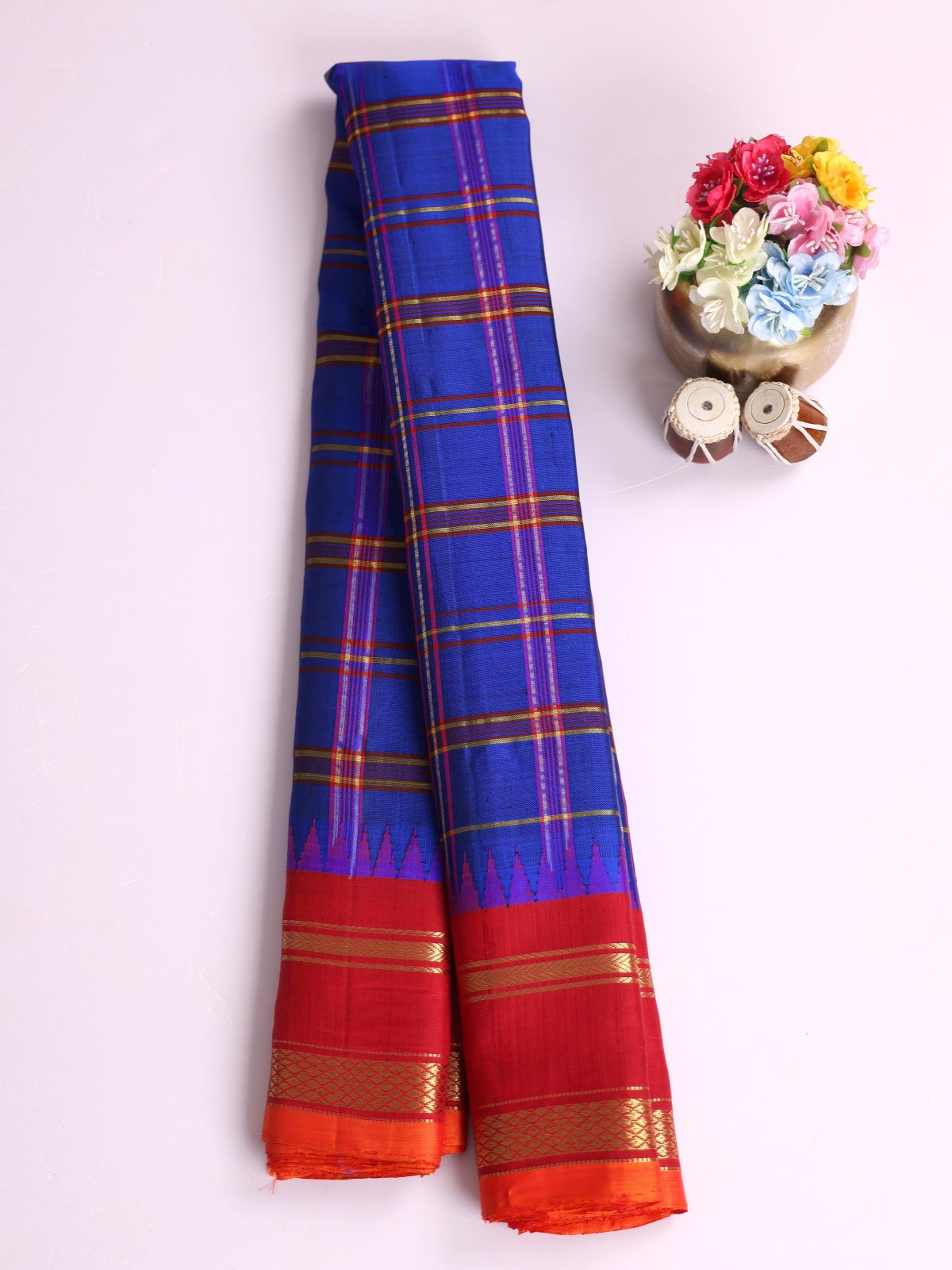 Royal Blue Checked Gadwal Silk Saree With Maroon Border