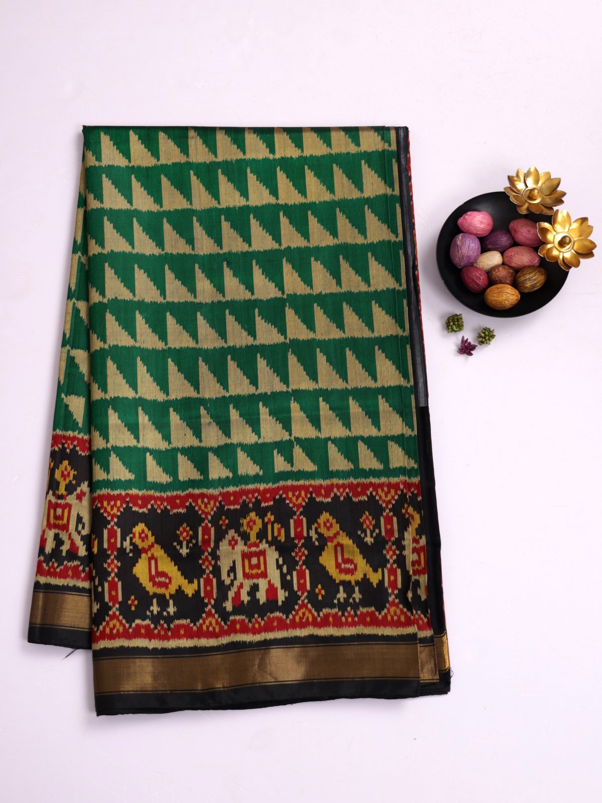 Green Patola Silk Saree With Black Border