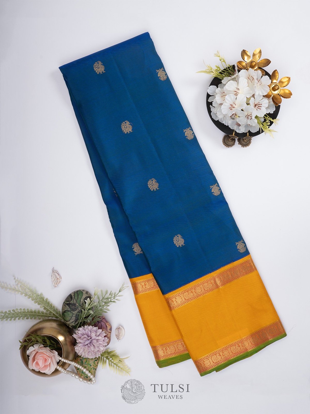 Peacock Blue Kanchipuram Silk Saree with Mustard border