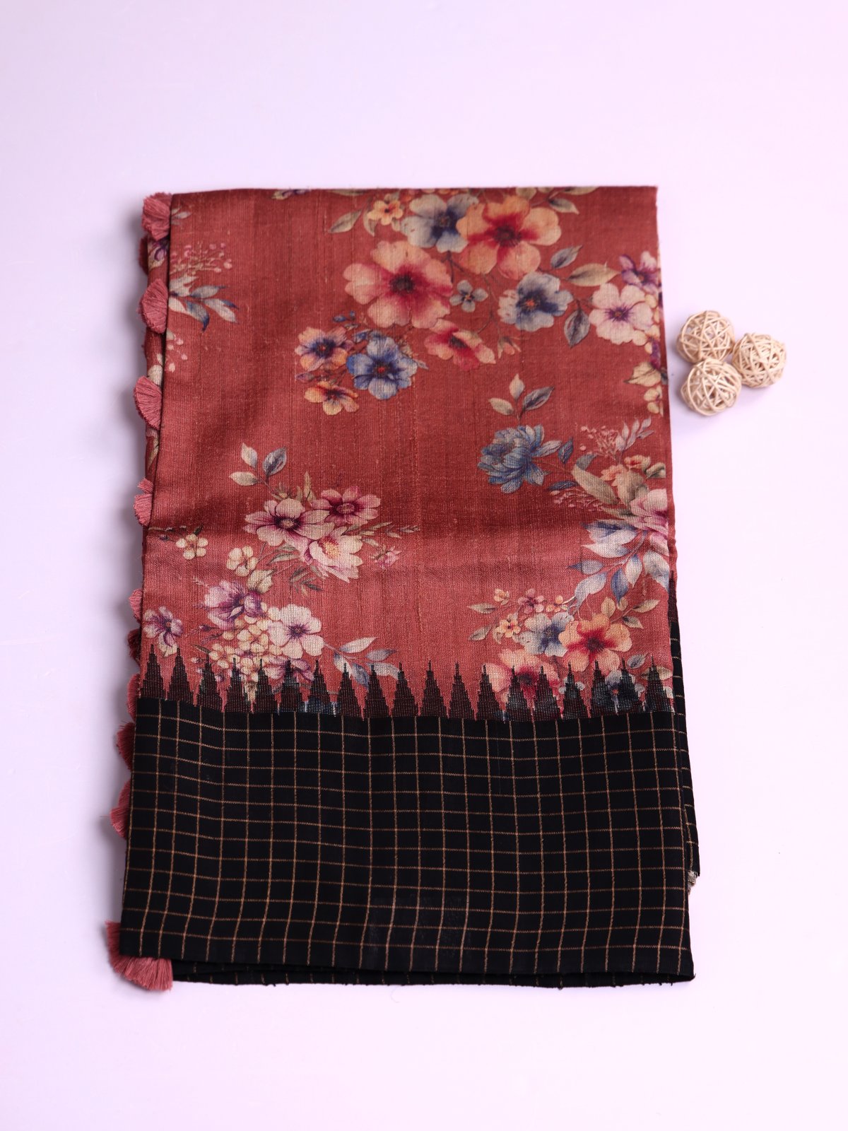Brownish Pink Printed Tussar Silk Saree With Black Zari Checked Border