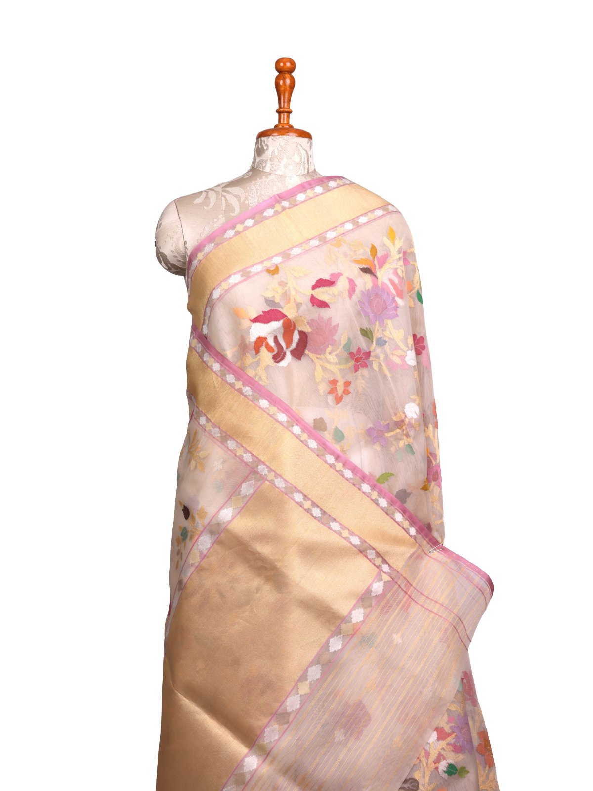 Off- White Kora Jamdani Silk Saree With Zari Border