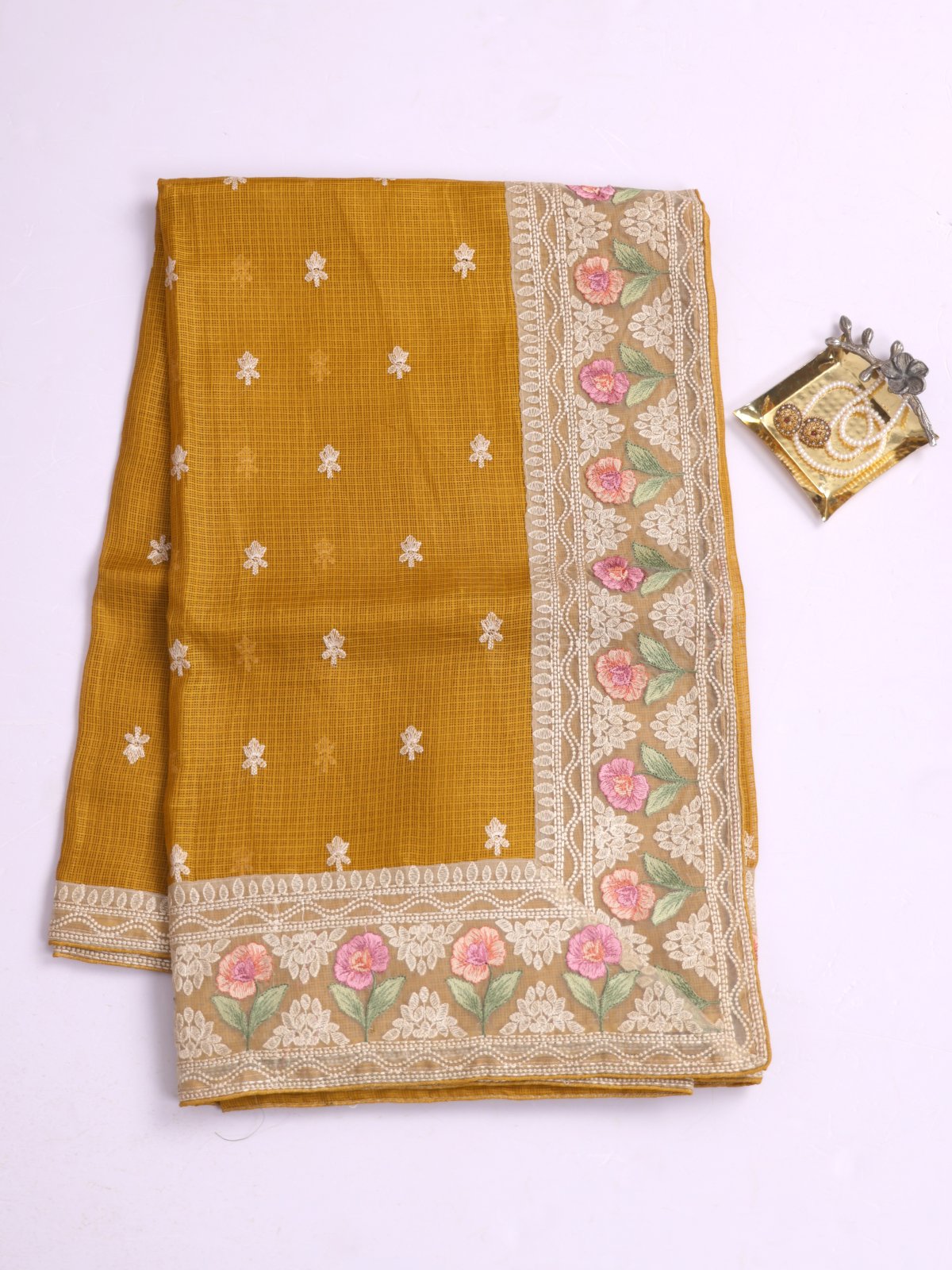 Mustard Yellow Semi Kota Saree with Embroidery