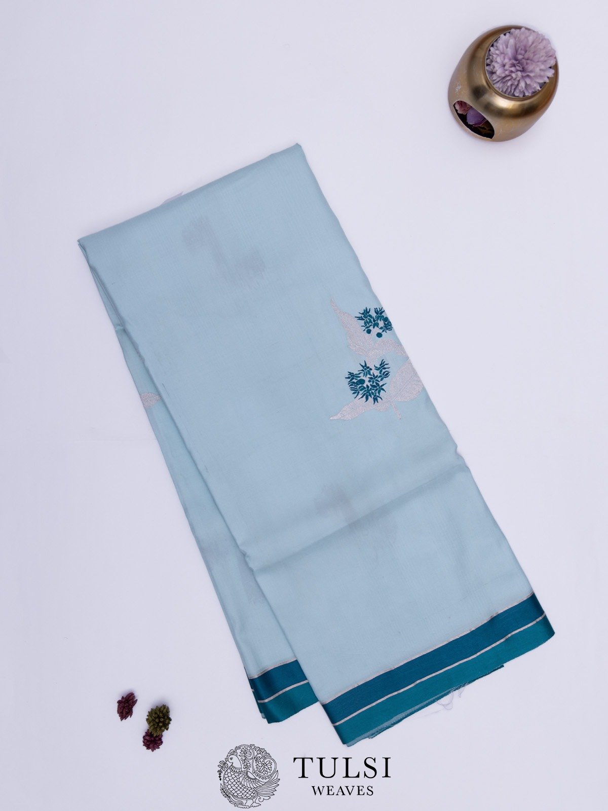 Powder Blue Mashru Silk Saree with Contrast Striped Border