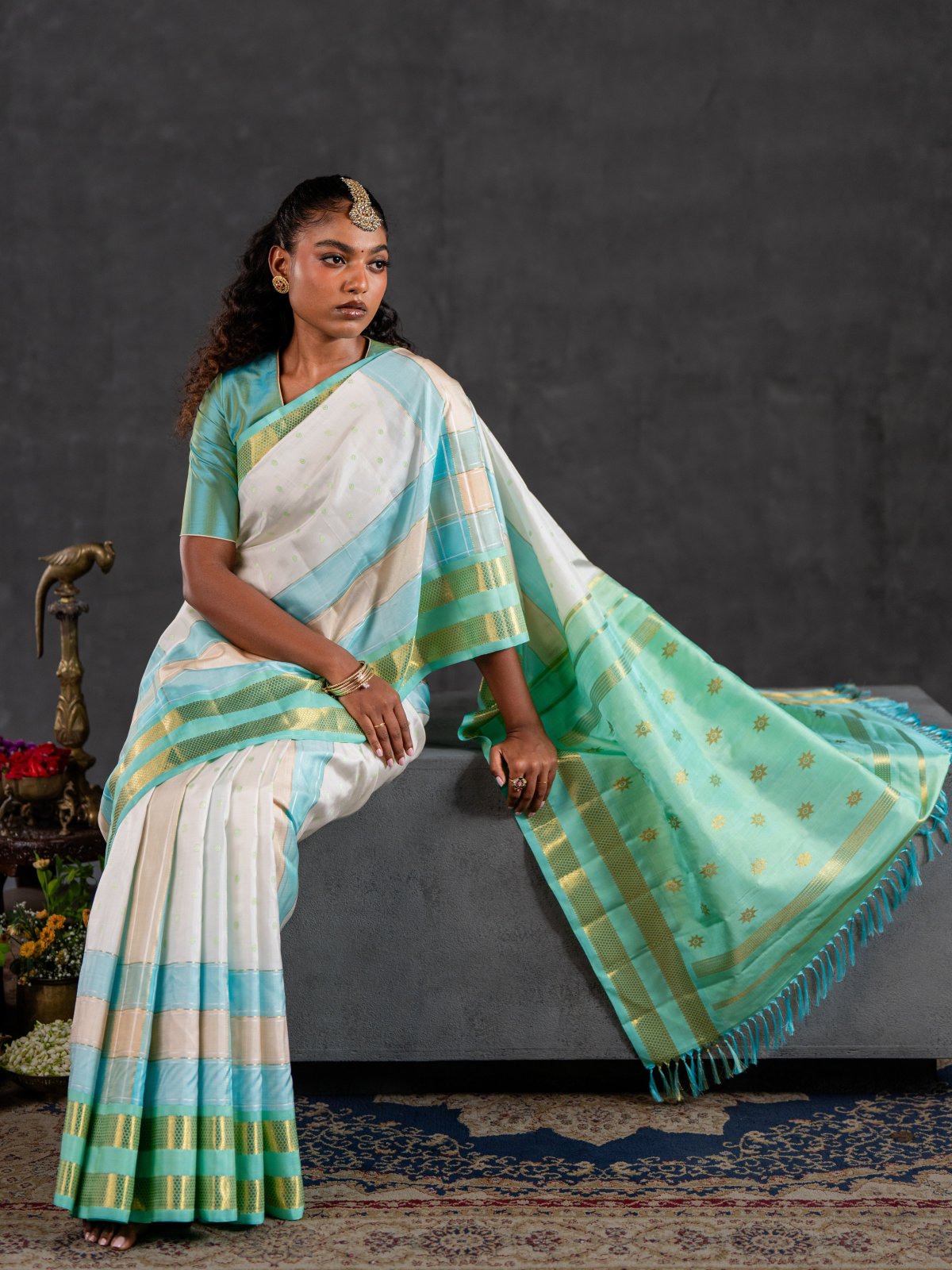 Crafted 36 - White Checked Kanjeevaram Silk Saree With Bluish Green Border