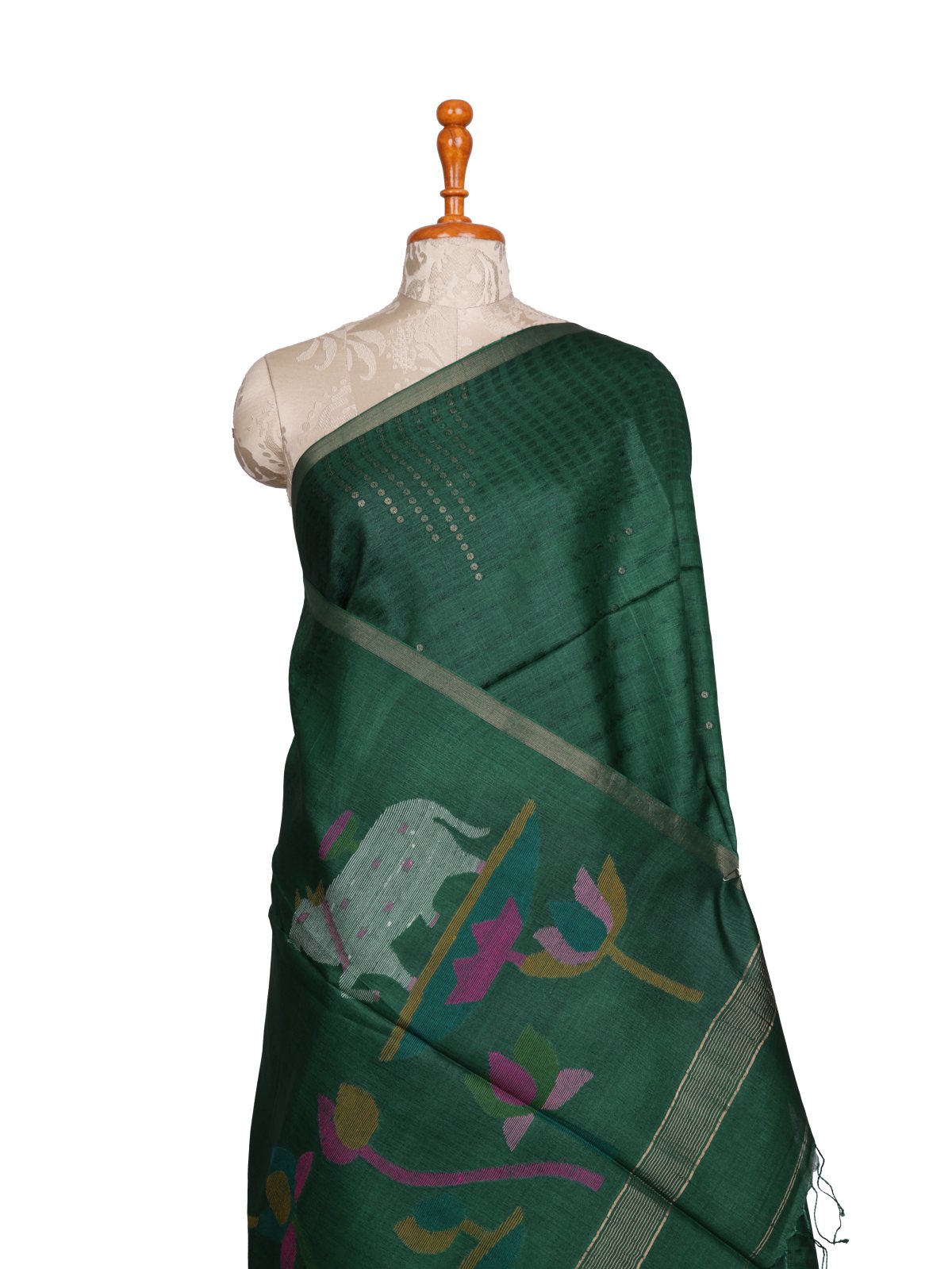 Bottle Green Kora Tussar Silk Saree With Jamdani Pallu