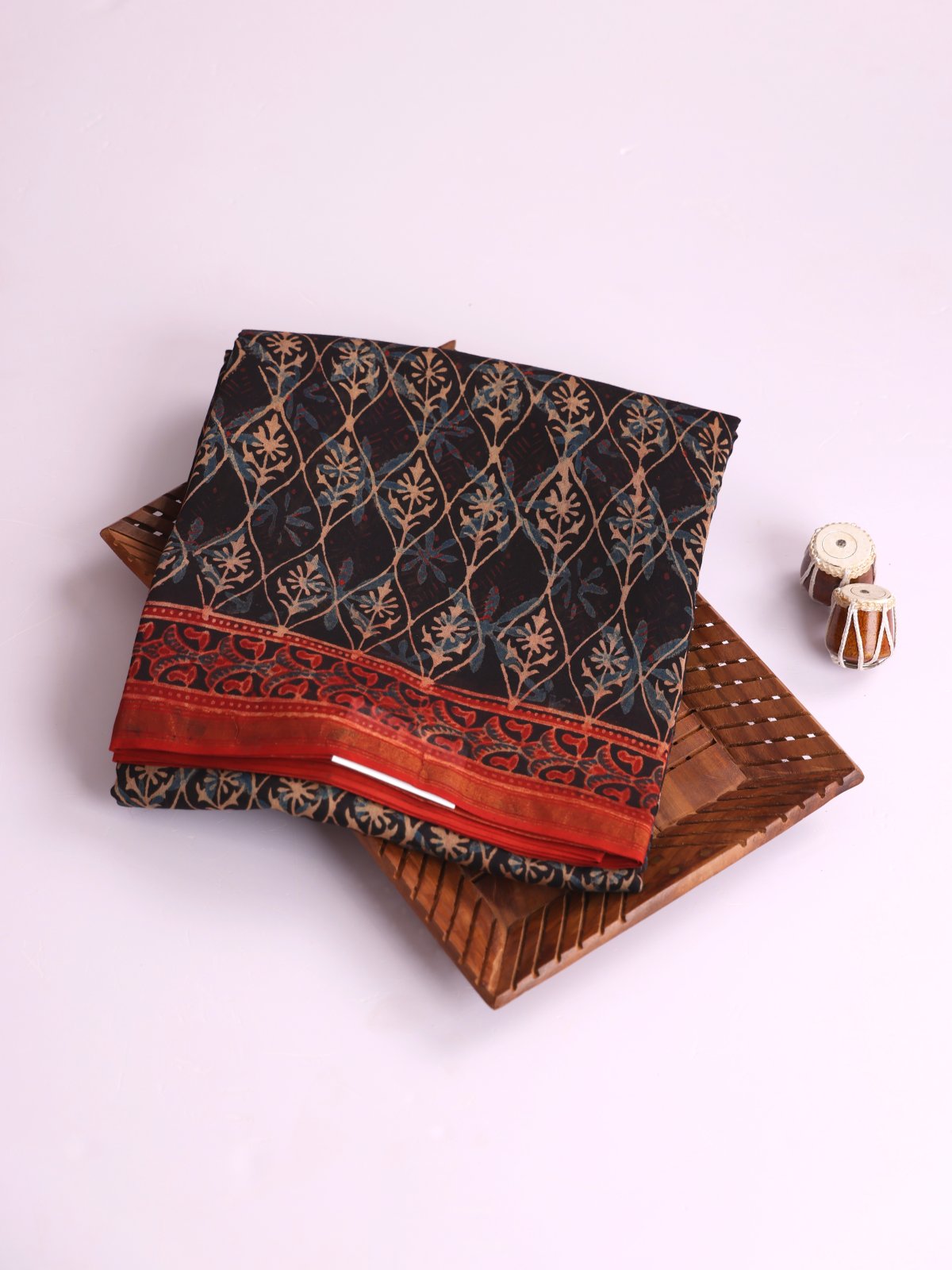 Black Printed Chanderi Cotton Saree With Red Zari Border