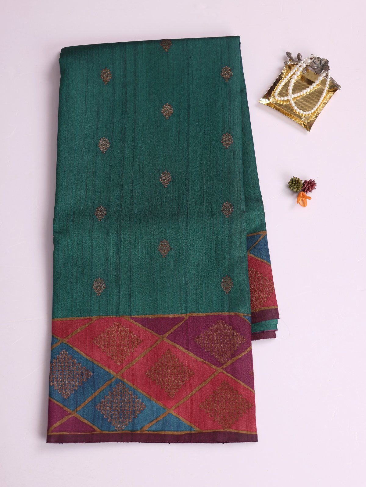 Peacock Green Banaras Tussar Silk Saree With Multi Color Border