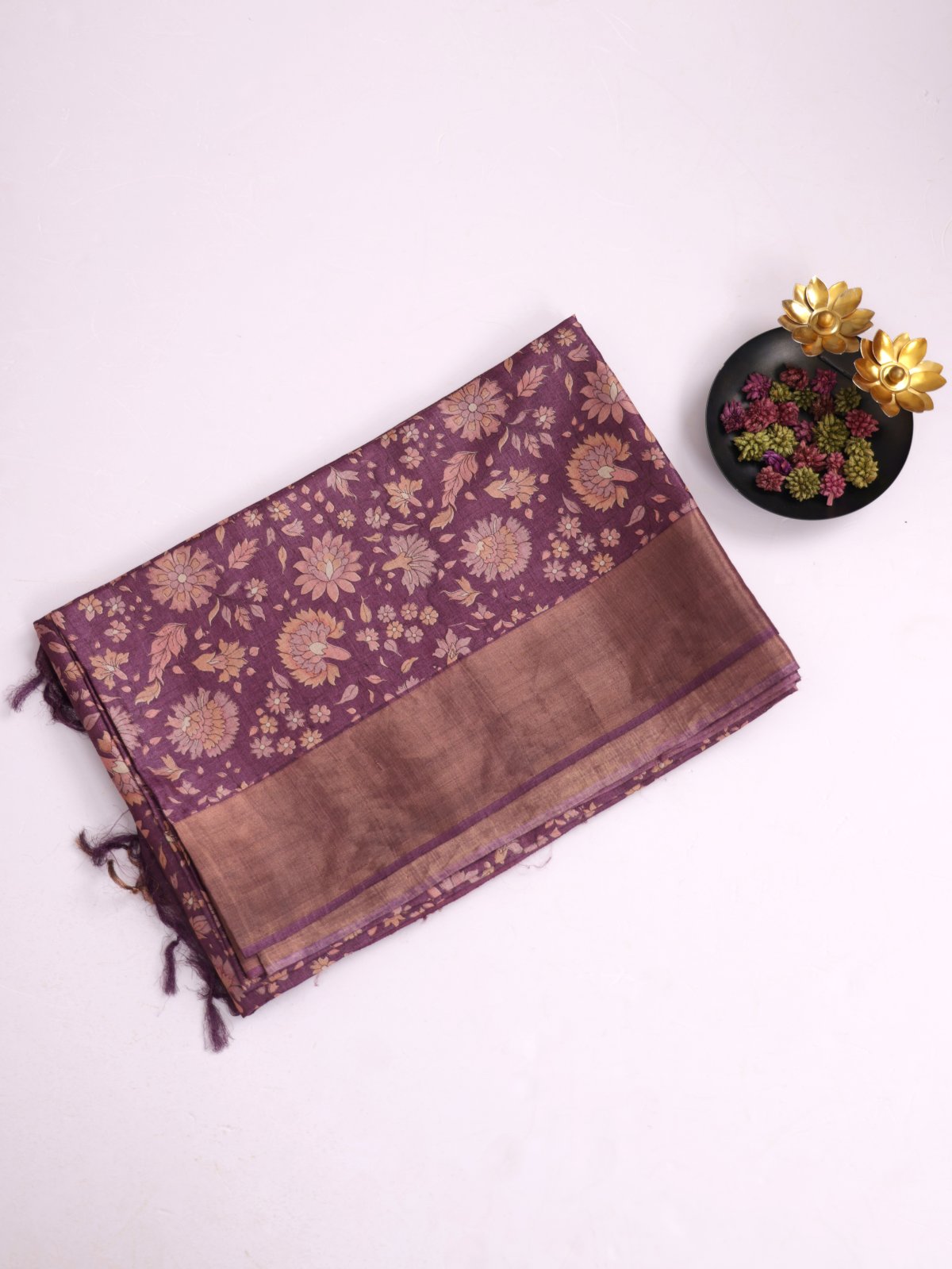 Dark Mauve Printed Munga Tussar Silk Saree With Zari Border