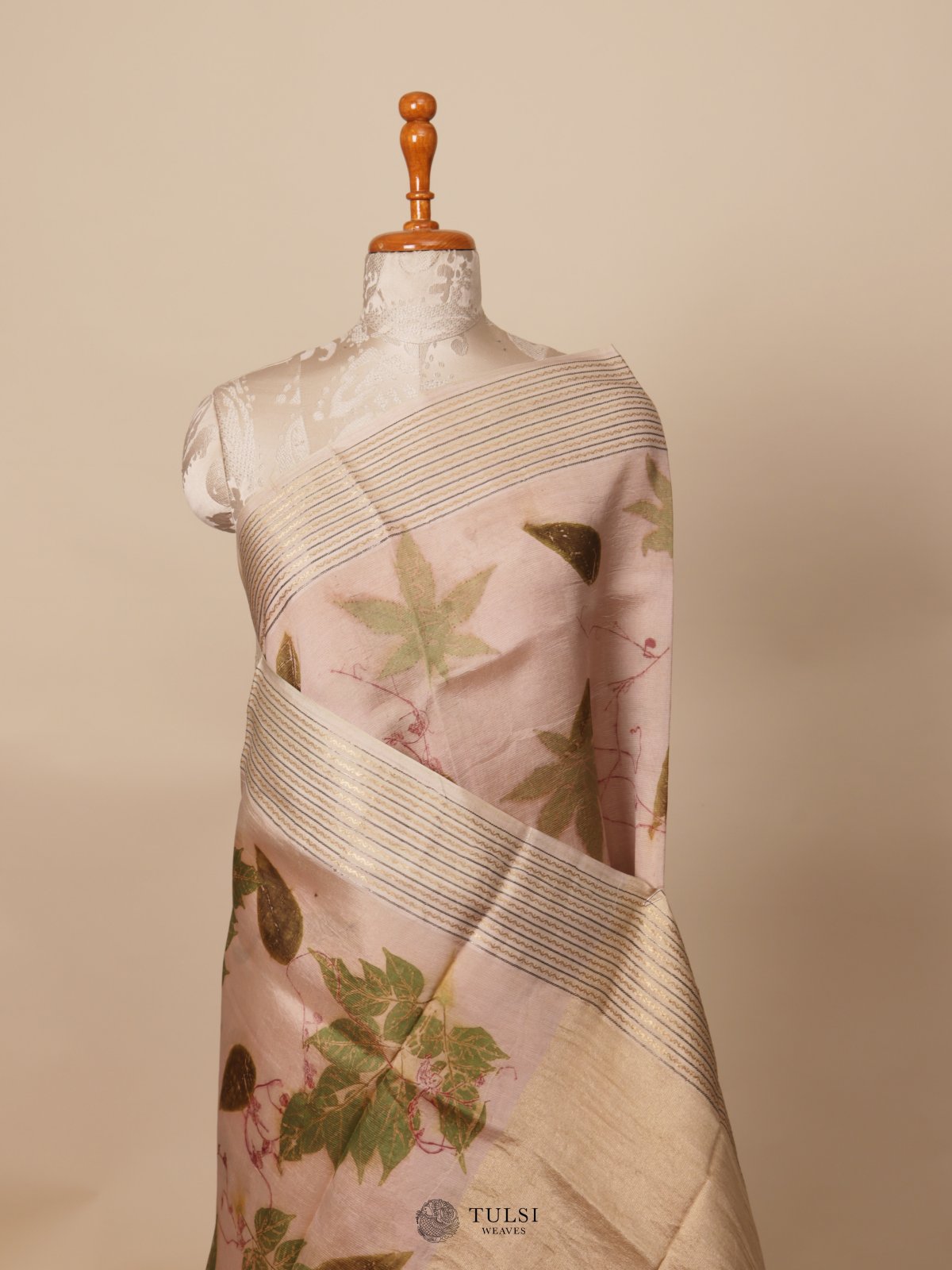 Pinkish Beige Eco Print Silk Saree