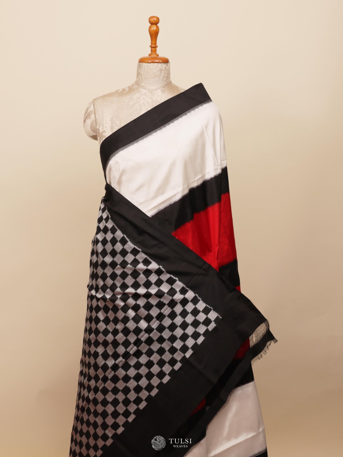 White Ikat Silk Saree