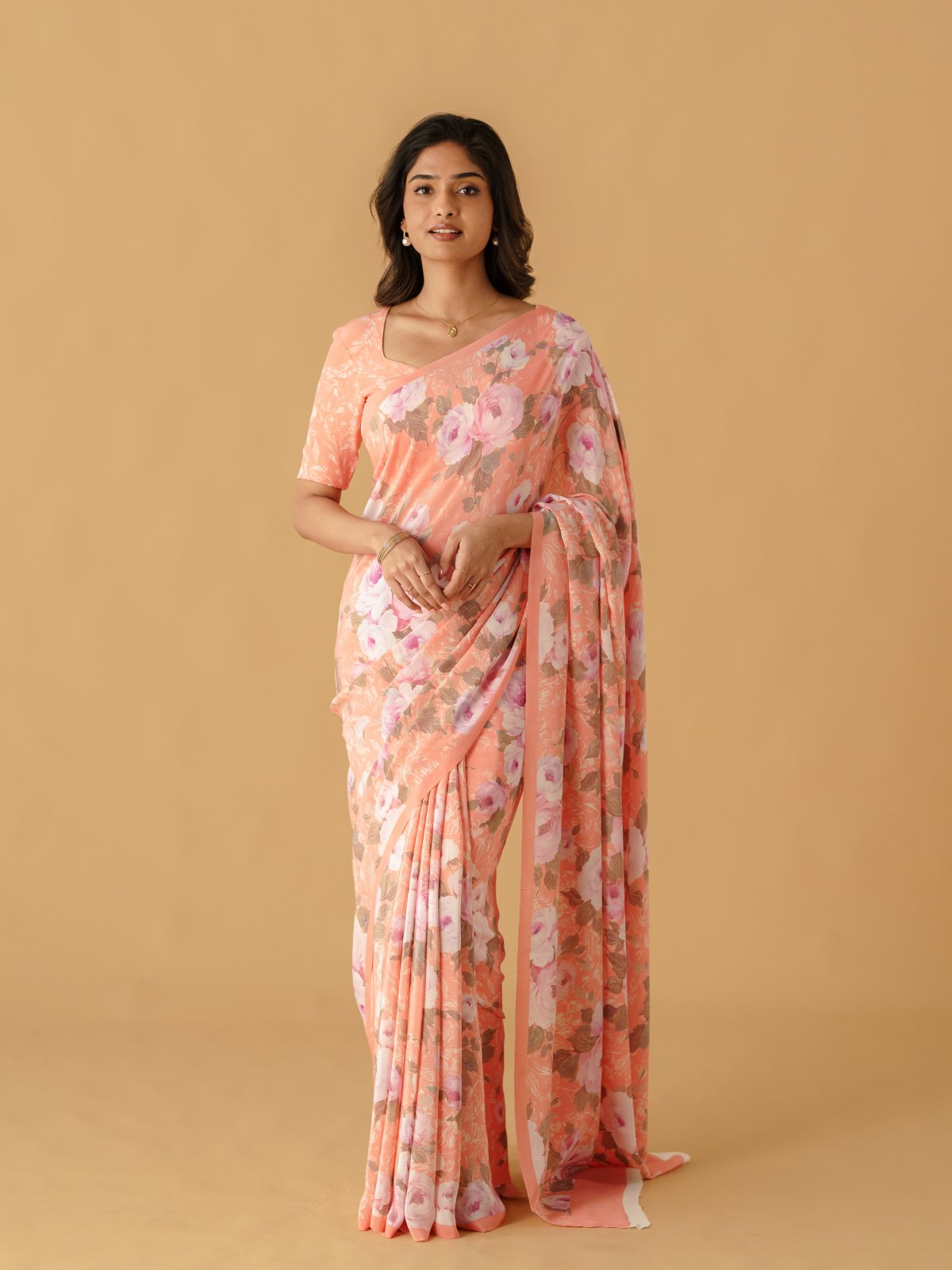 Peach Floral Printed Crepe Silk Saree