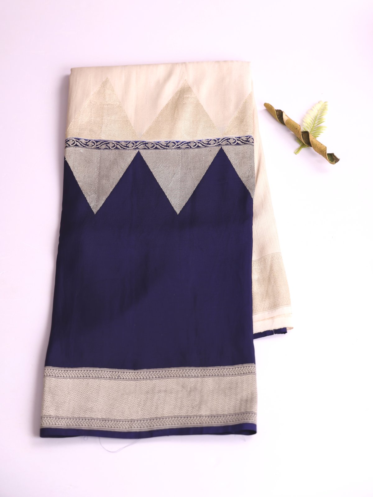 Cream & Navy Blue Half and Half Banaras Tussar Georgette Silk Saree
