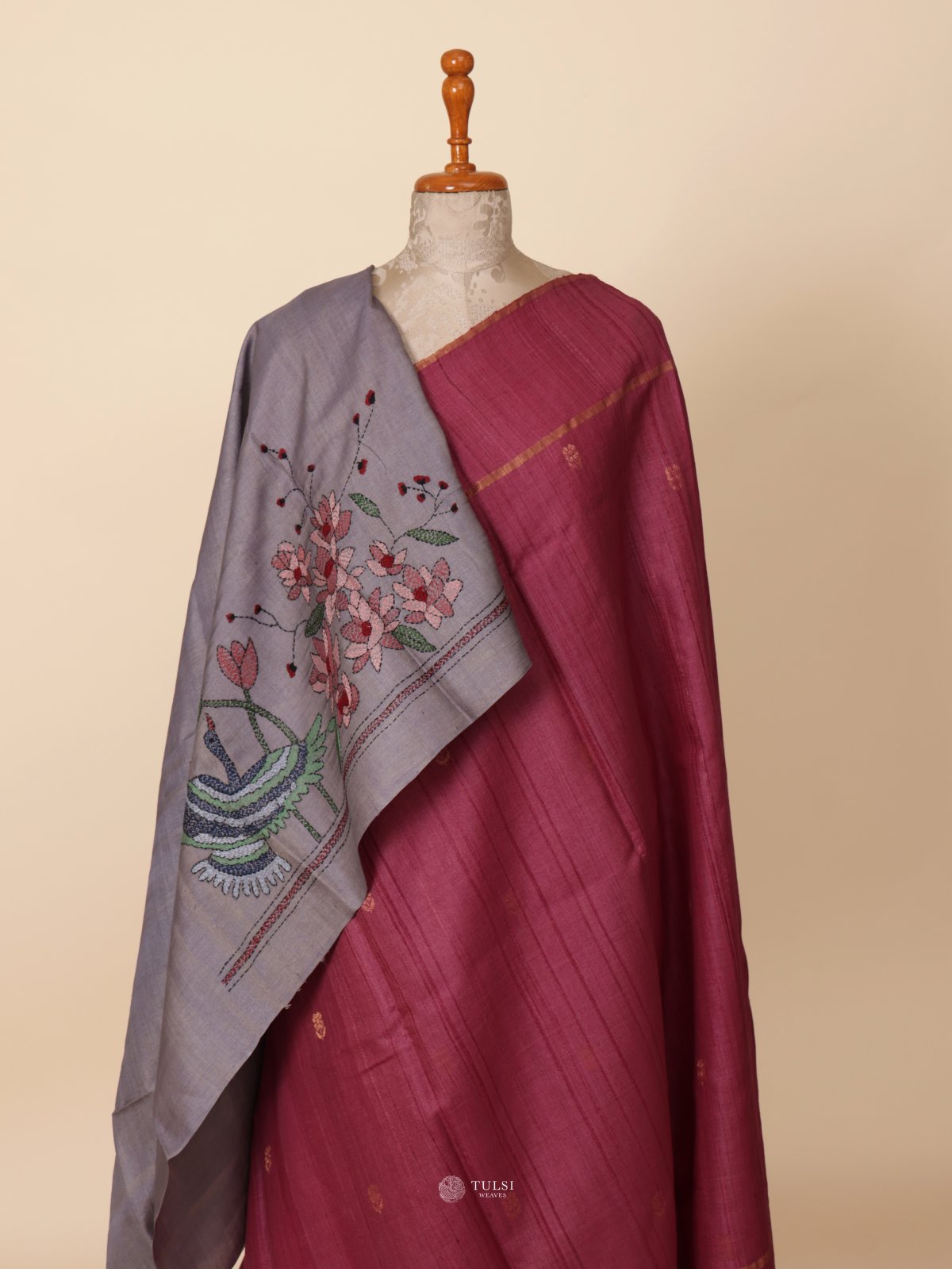  Magenta Tussar Silk Saree with Kantha Embroidery