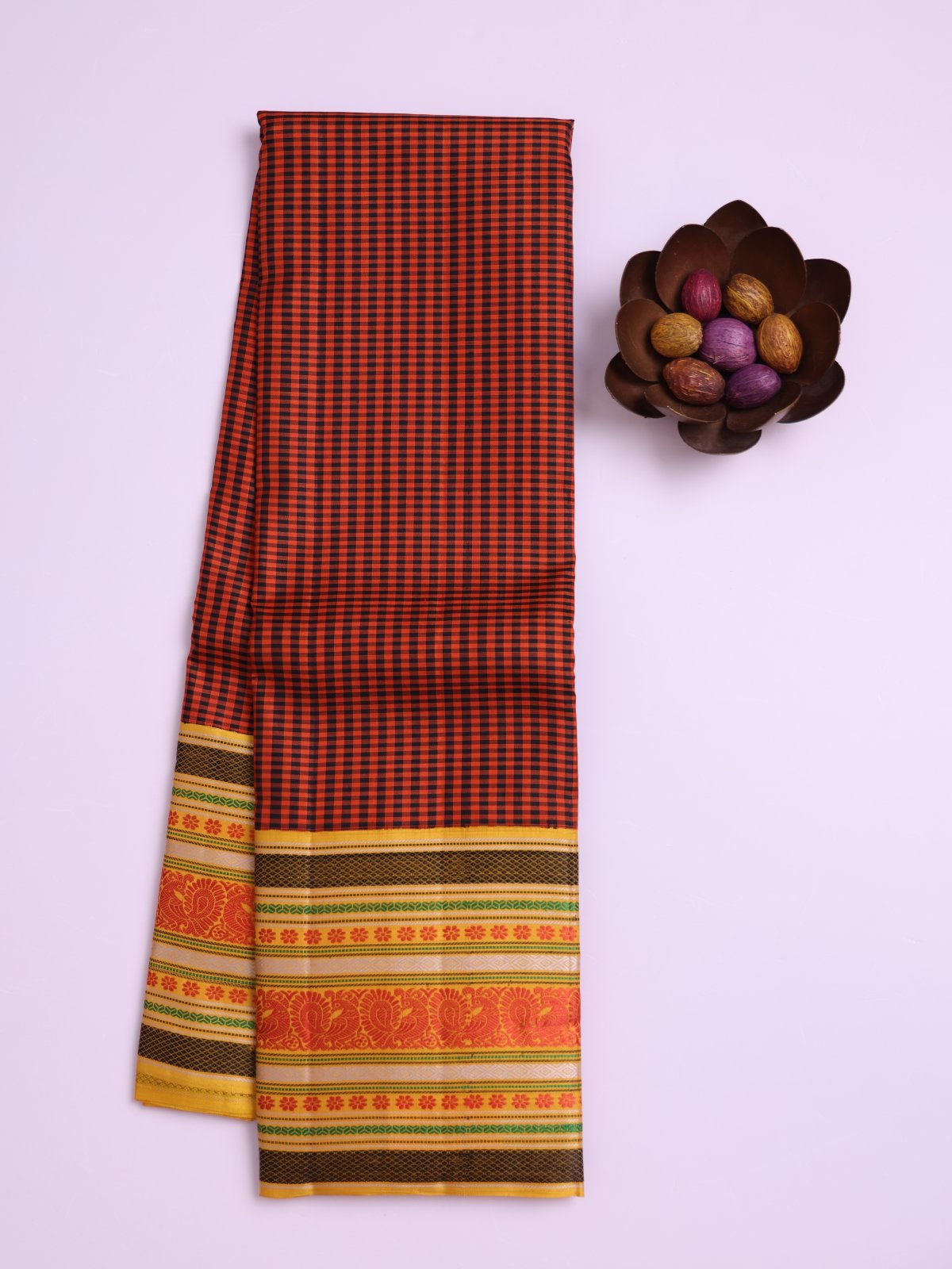 Rust Orange and Black Checked Kanjeevaram Pattu Pettu Silk Saree with Yellow Border