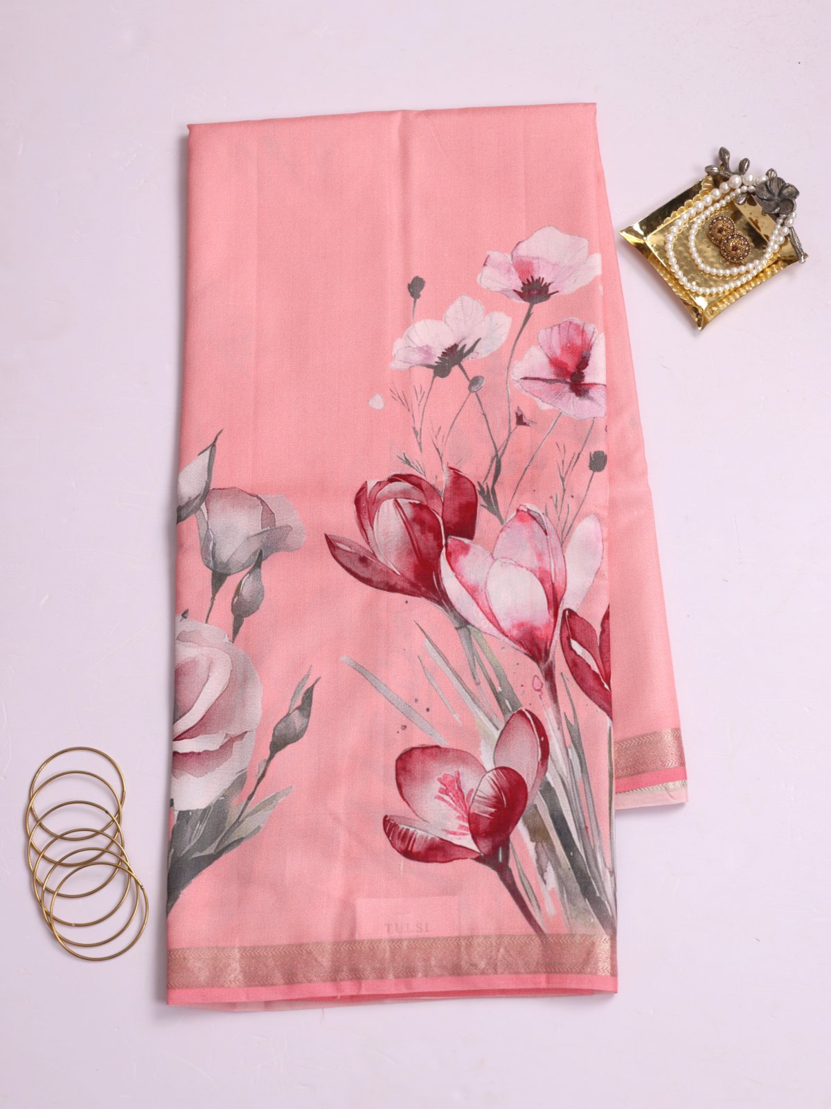 Peachy Pink Printed Banaras Silk Saree With Zari Border