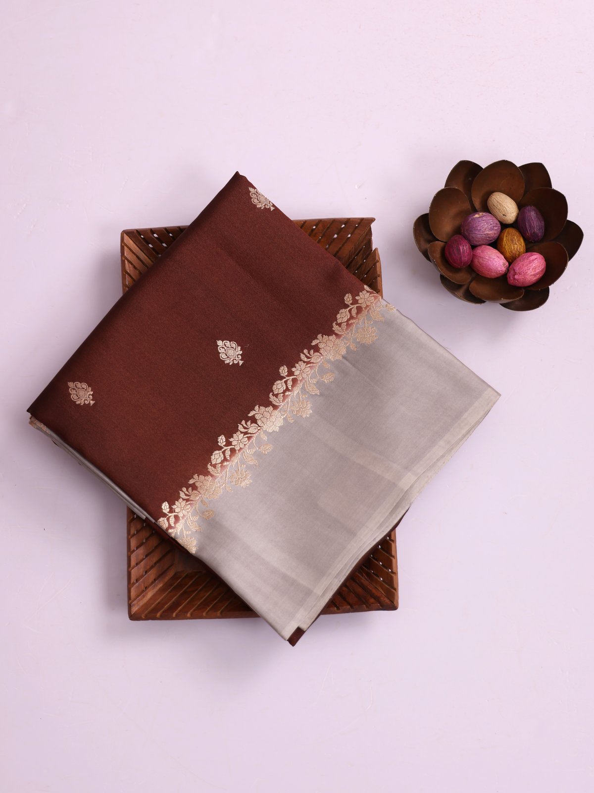 Brown Tussar Organza Saree With Grey Satin Border