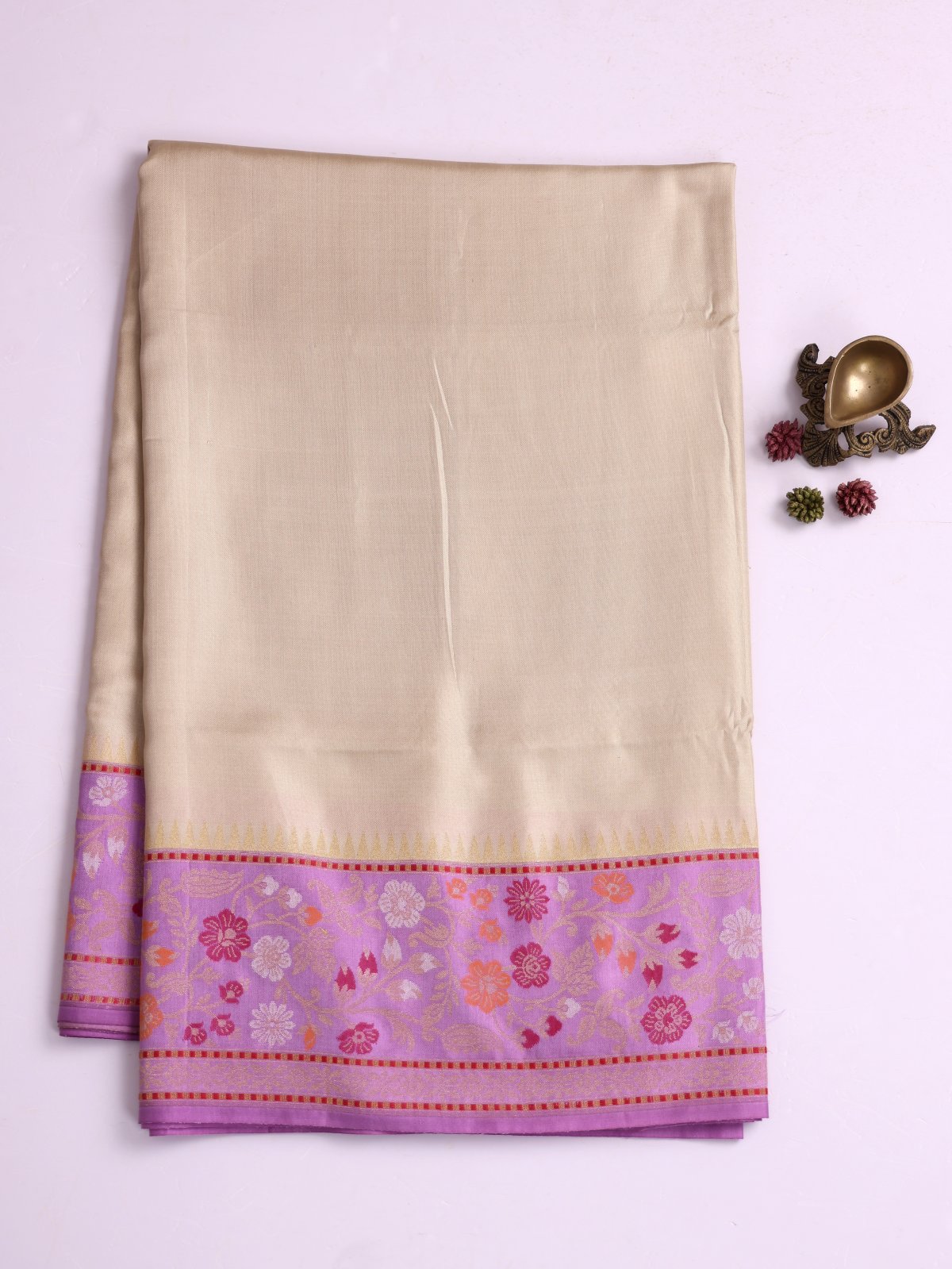 Beige Banaras Silk Saree With Lavender Border