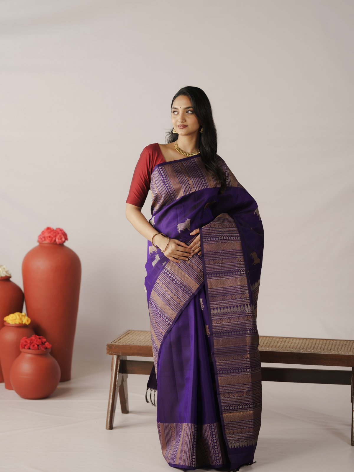 Purple Kanjeevaram Silk Saree With Zari Border