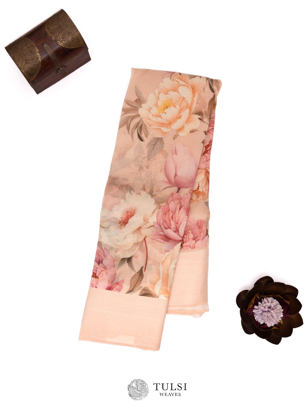 Deep Peach Floral Printed Organza Silk Saree