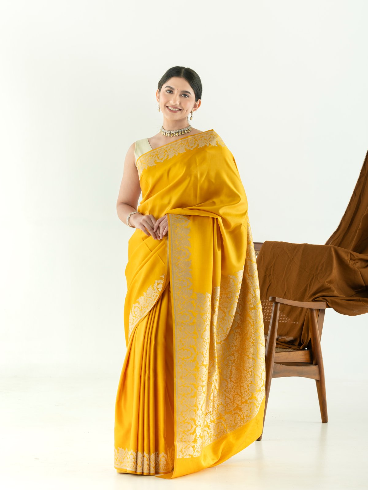 Mustard Mashru Silk Saree with Self Zari Border