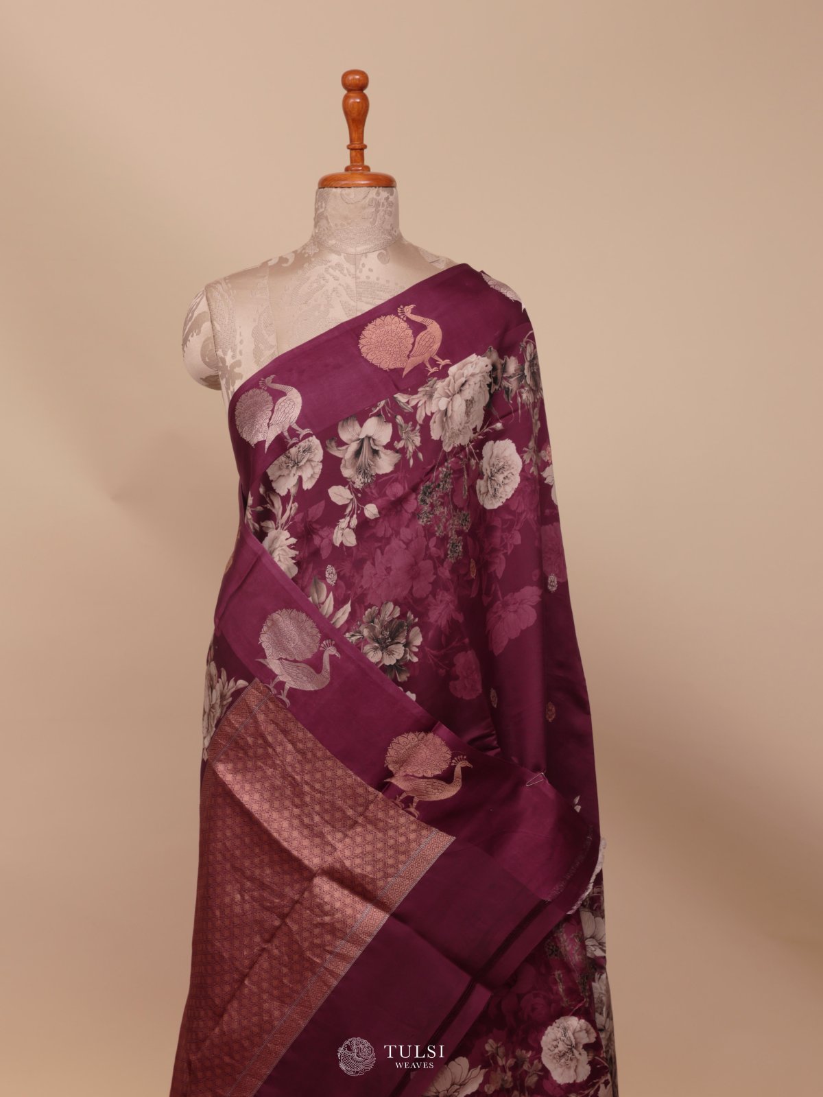 Burgundy Printed Mashru Silk Saree
