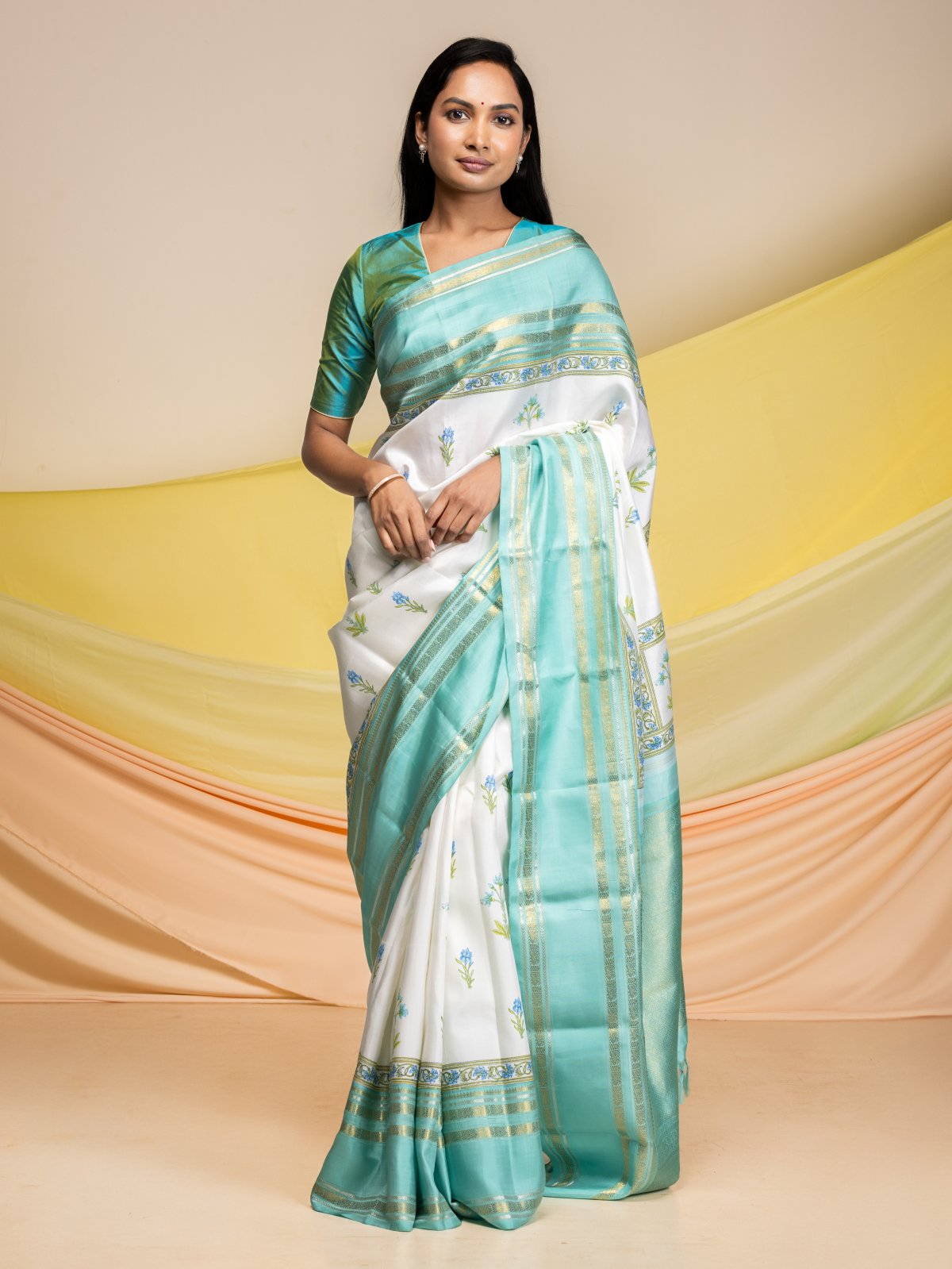 White Blockprint Kanjeevaram Silk Saree With Teal Border