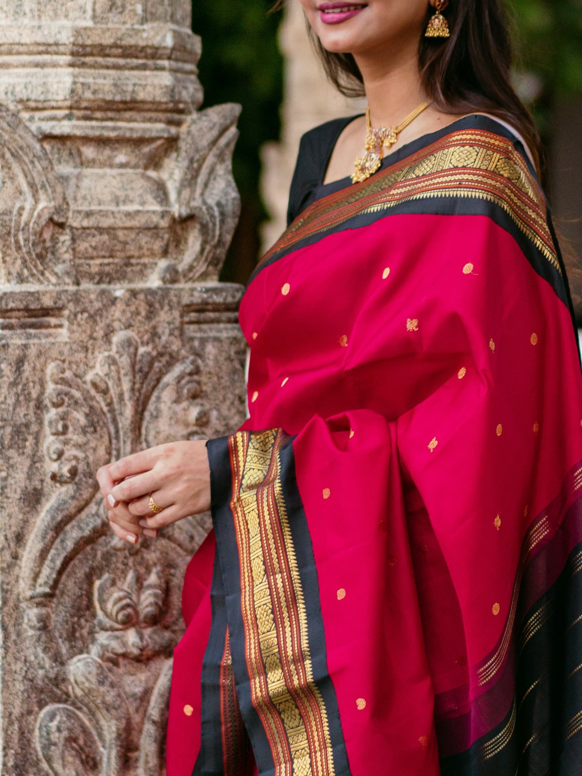 Handwoven Red Kanjeevaram Silk Saree with Black Border - Tulsi Weaves