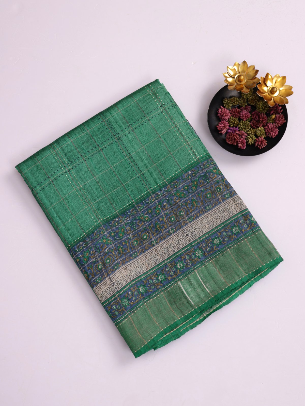 Green Zari Checked Printed Tussar Silk Saree with Kantha Embroidery