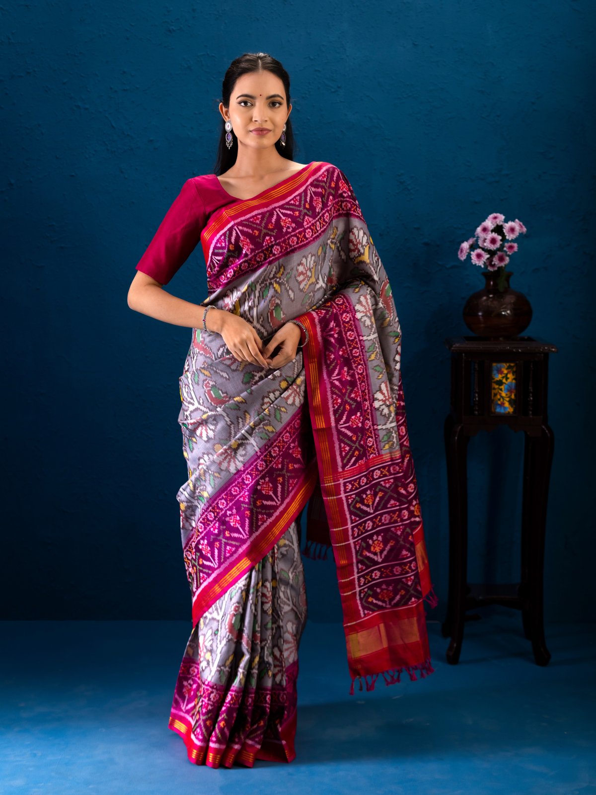 Grey Patola Silk Saree with Magenta Border