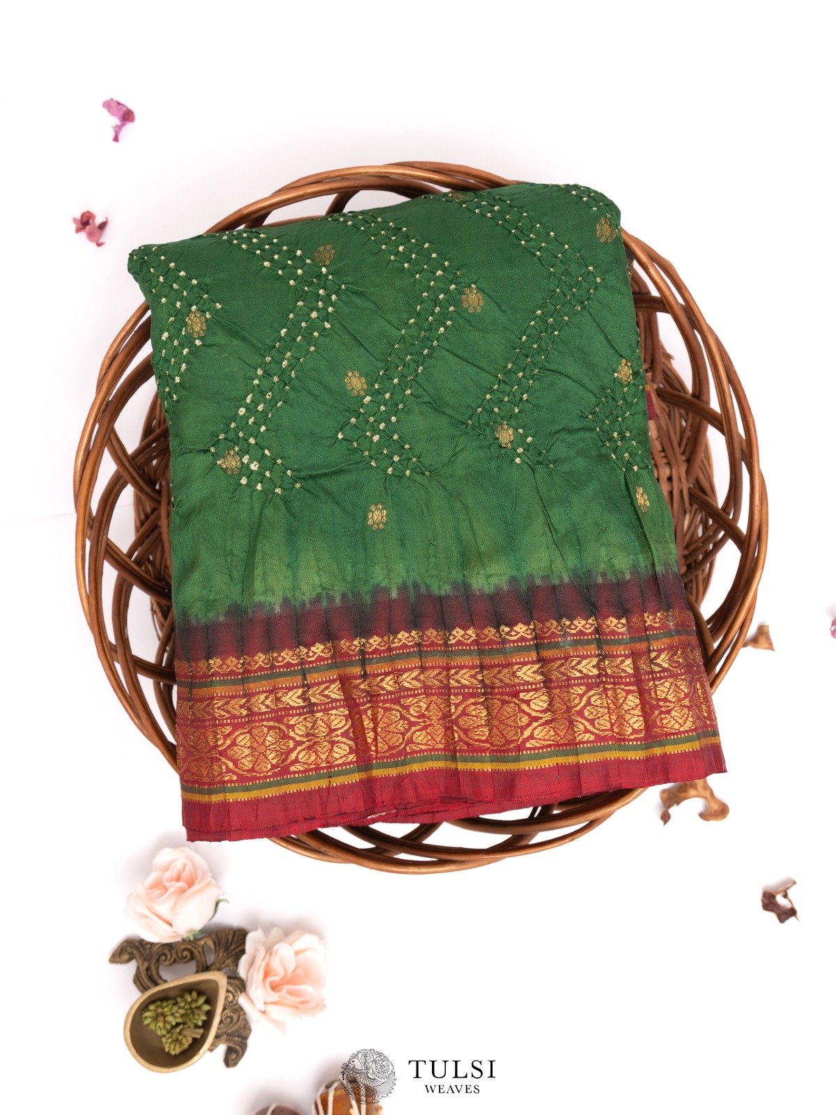 Dark Green Gadwal Silk Saree with Bandhini 