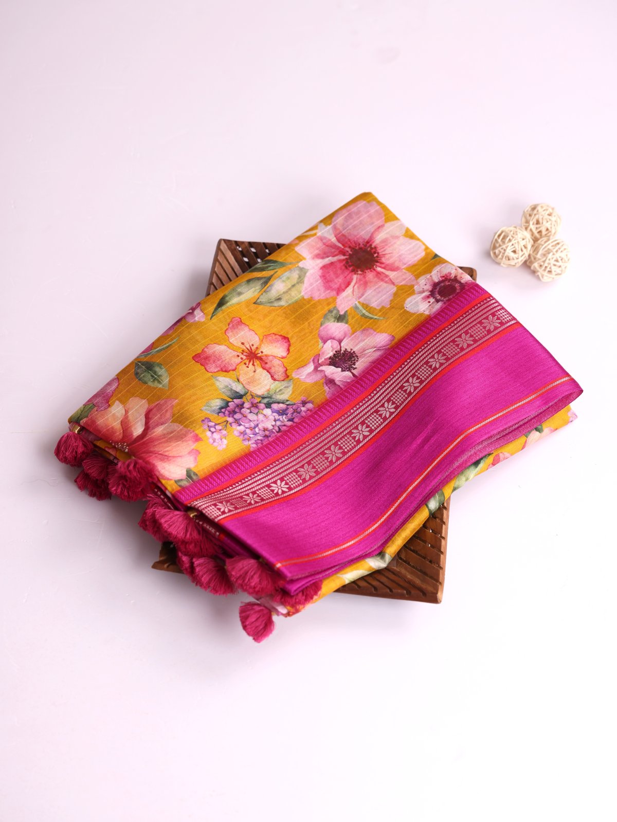 Mustard Yellow Printed Chanderi Cotton Saree With Magenta Pink Vidarbha Border