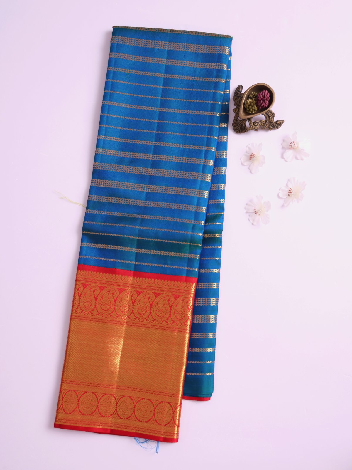 Peacock Bluish Green Kanjeevaram Silk Pavadai with Red Border