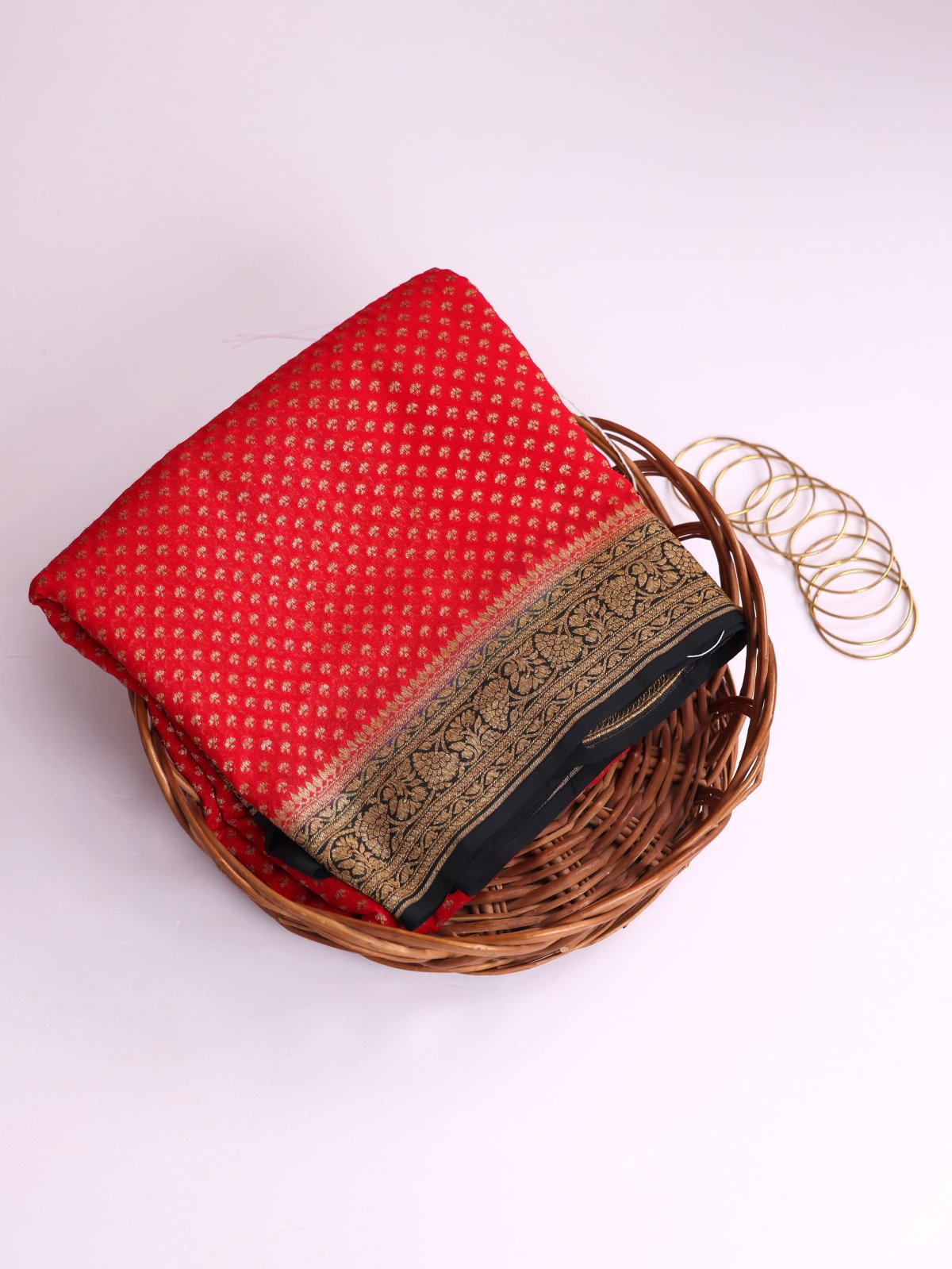 Red Banaras Georgette Silk Saree With Black Border