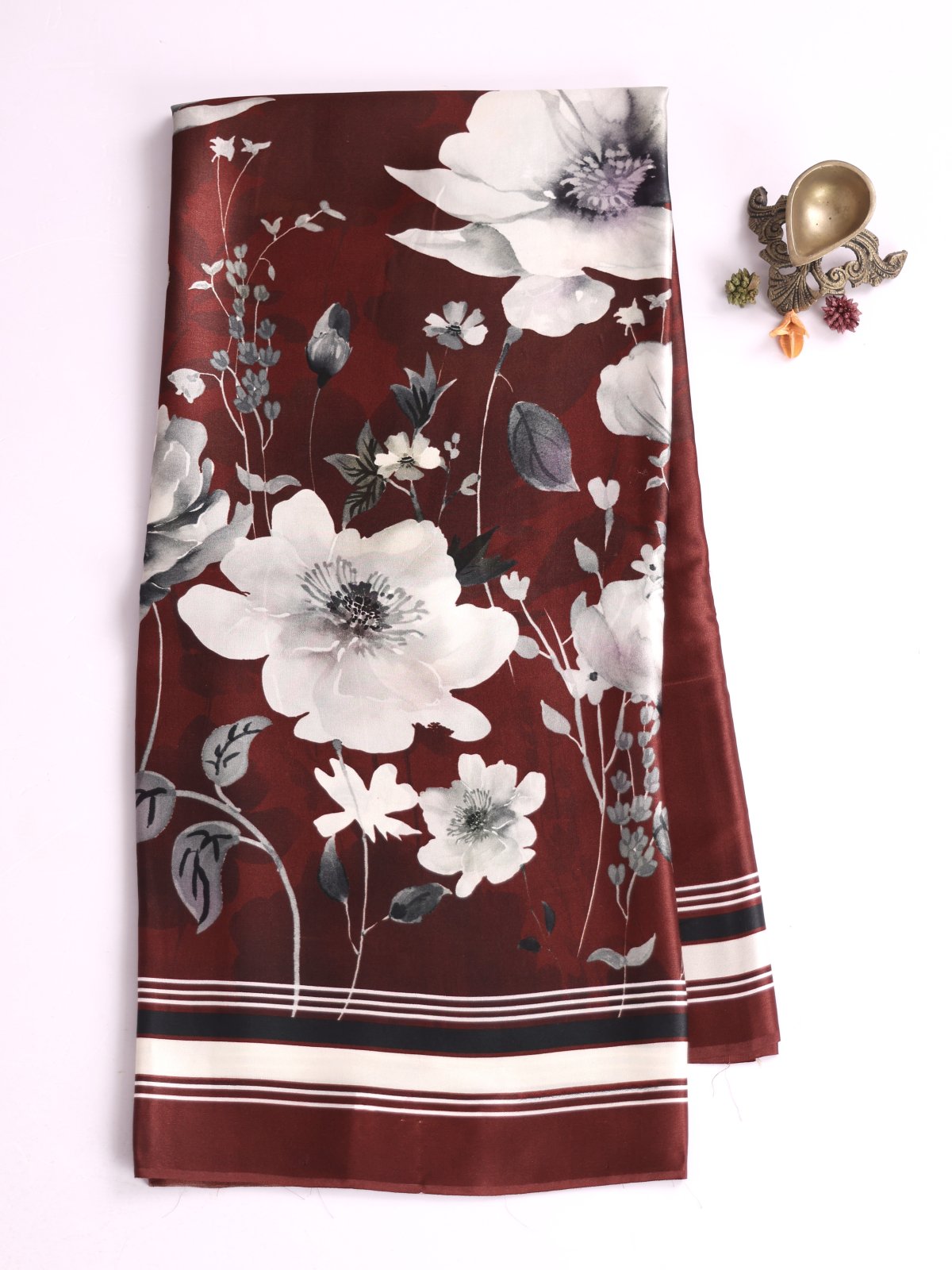 Chocolate Brown Printed Satin Silk Saree